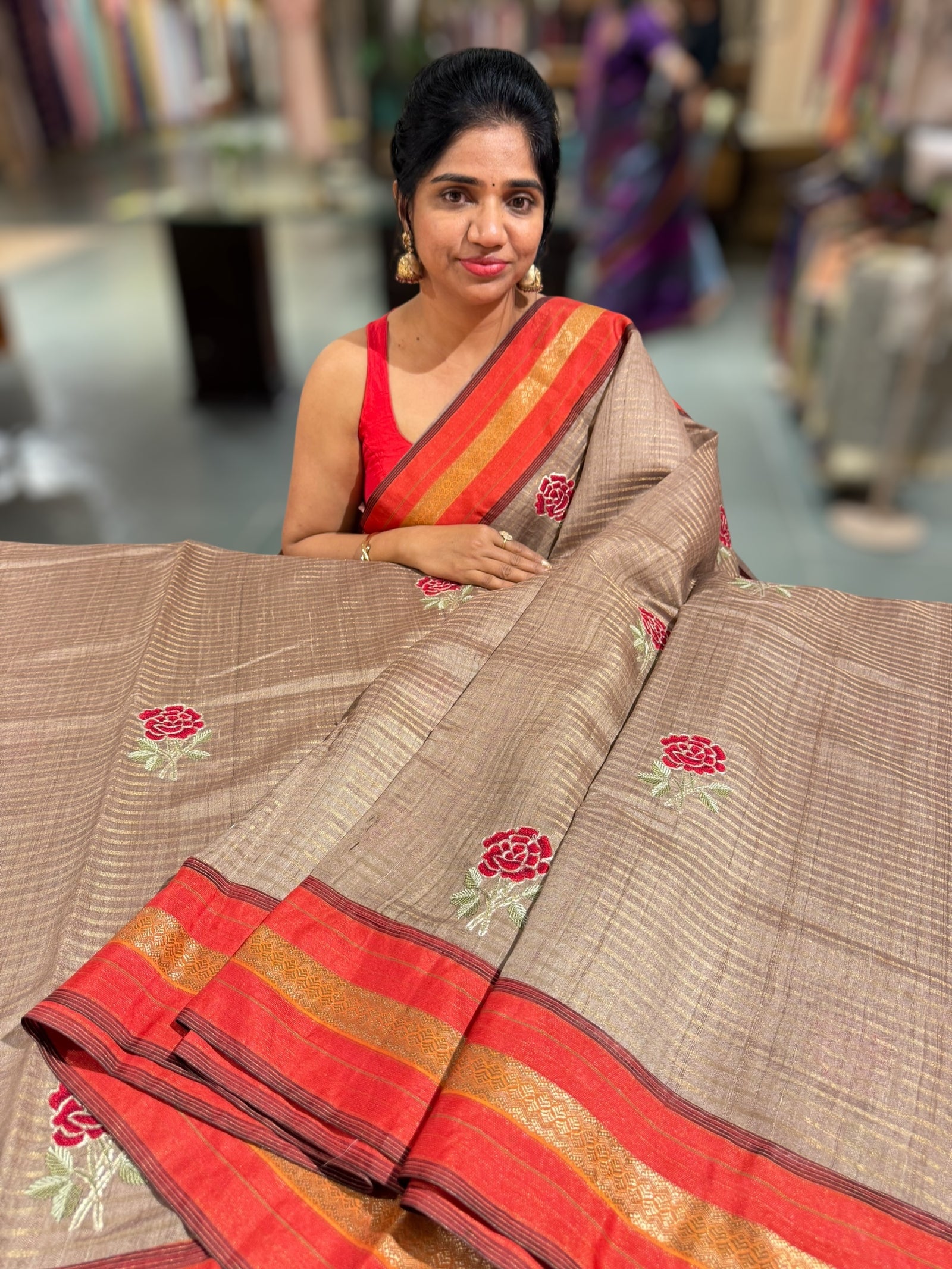 Chickoo Tussar Tissue and Silk fusion Saree with embroidery