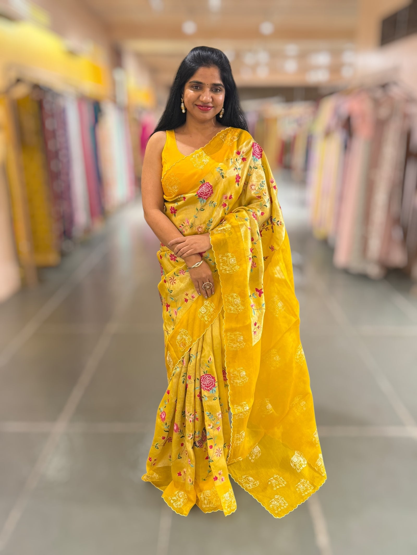 Mango Yellow Premium Handloom Designer Tissue saree with exquisite embroidery