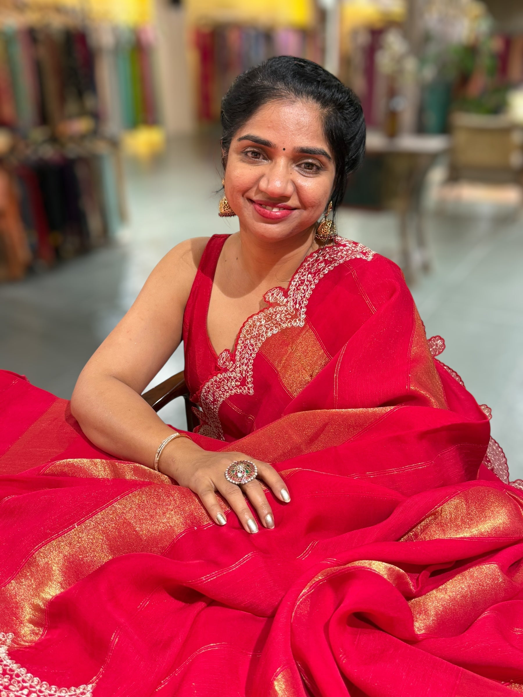 Red Organza and Tissue stripes Saree with Pita Embroidery