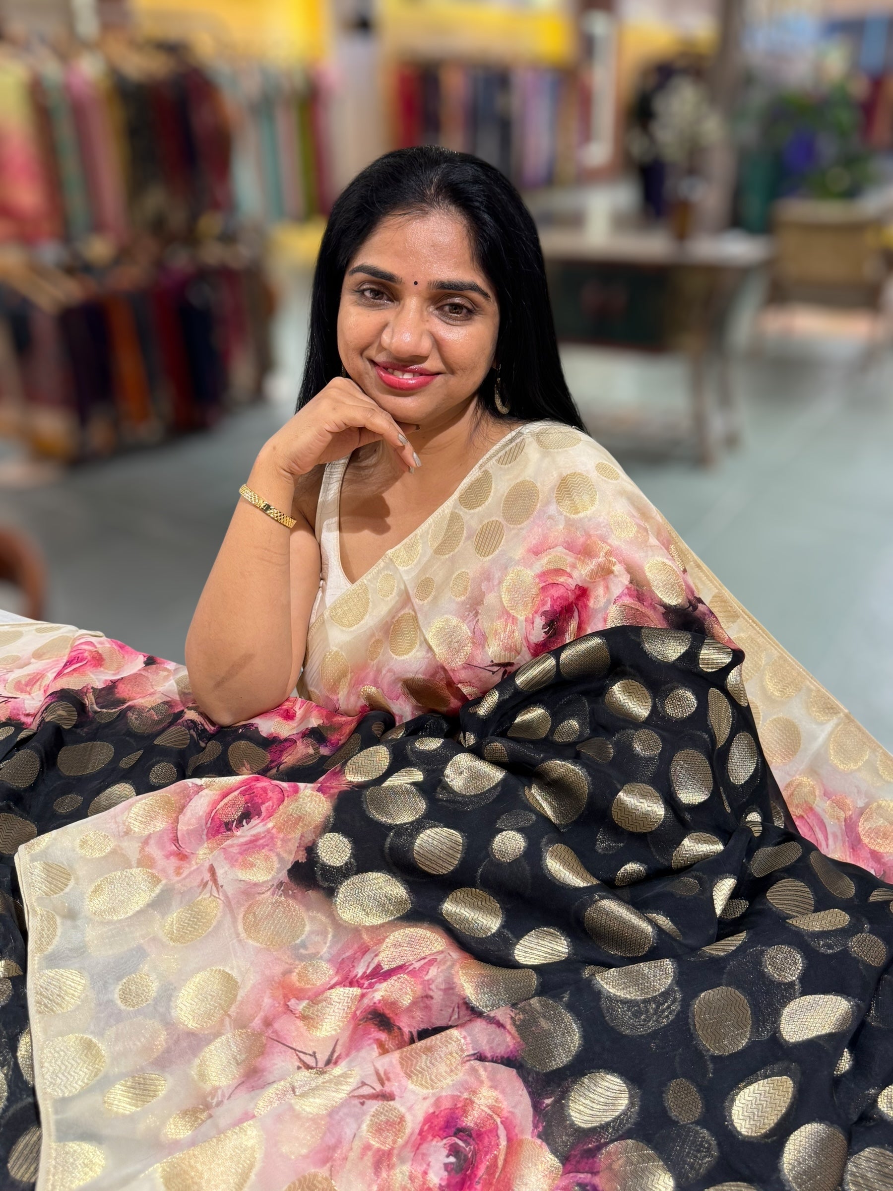 Black Banarasi Kora Gorgette Polka dot Printed Saree