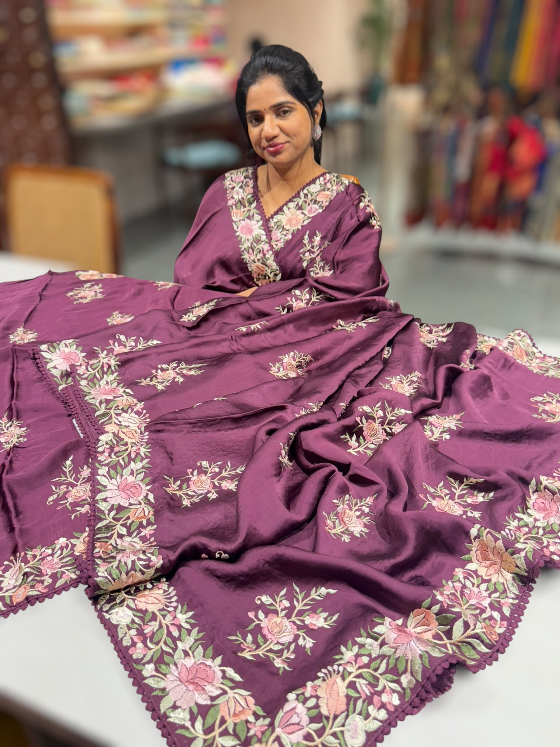 Wine Satin Saree with Parsi Gara embroidery