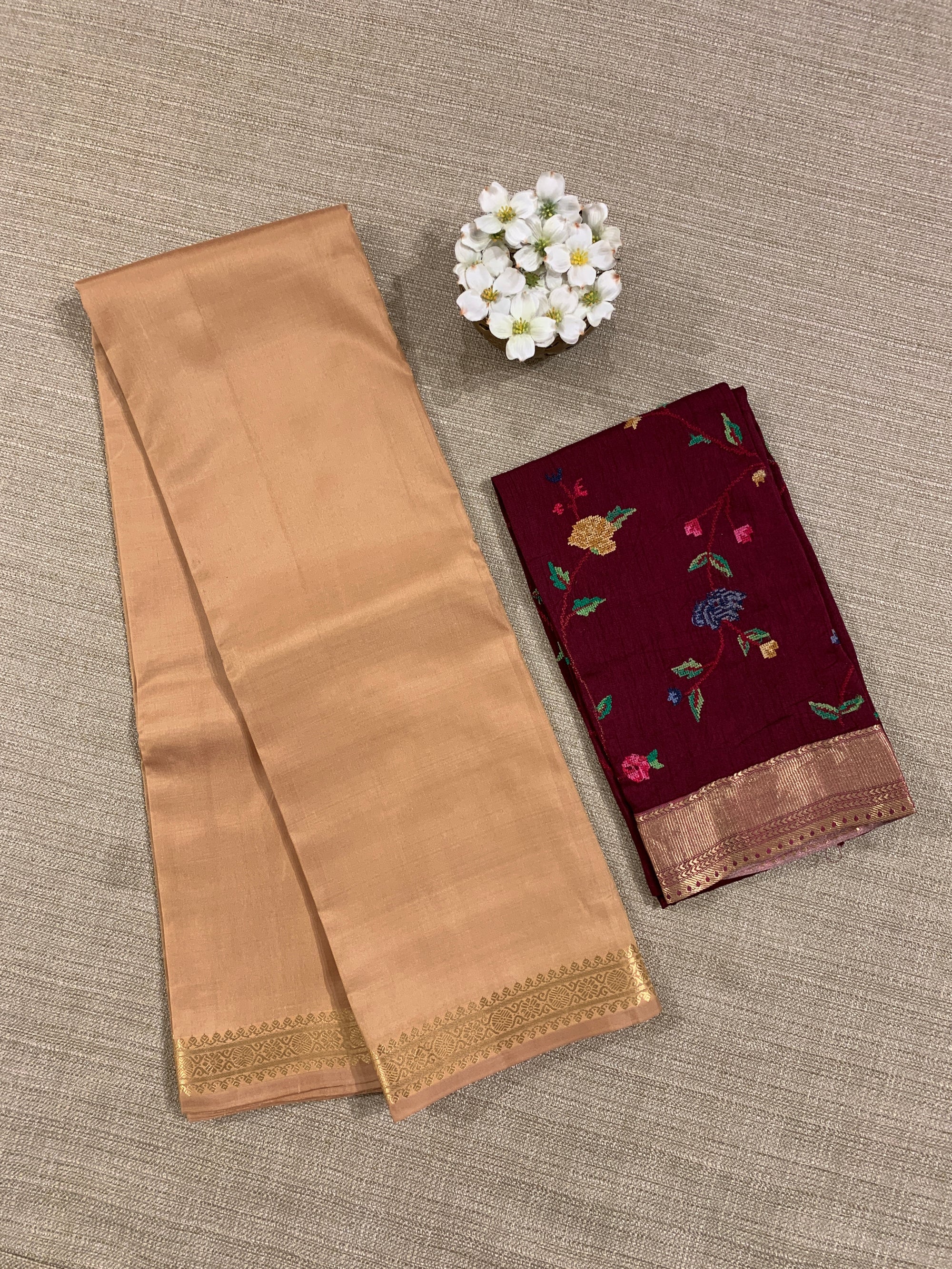 Beige Kanchi Vintage Saree with Petite Point Embroidered Blouse