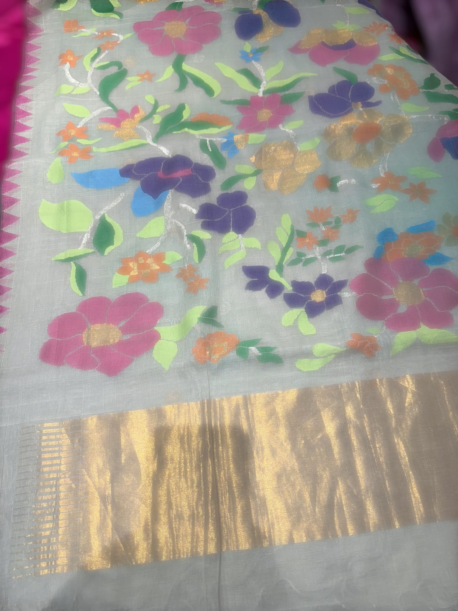 Lightest Grey pure handloom Ponduru Khadi jamdani Saree