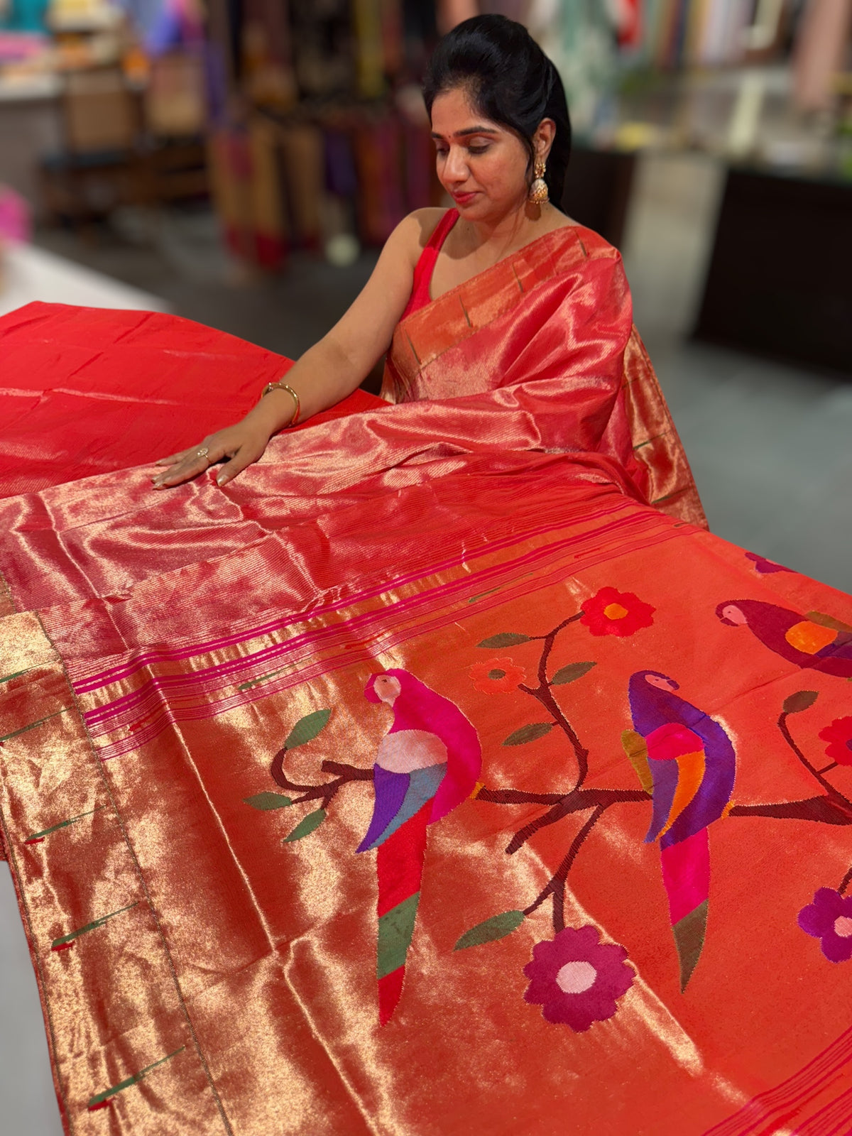 Rani Pink Pure handloom paithani tissue stripes saree