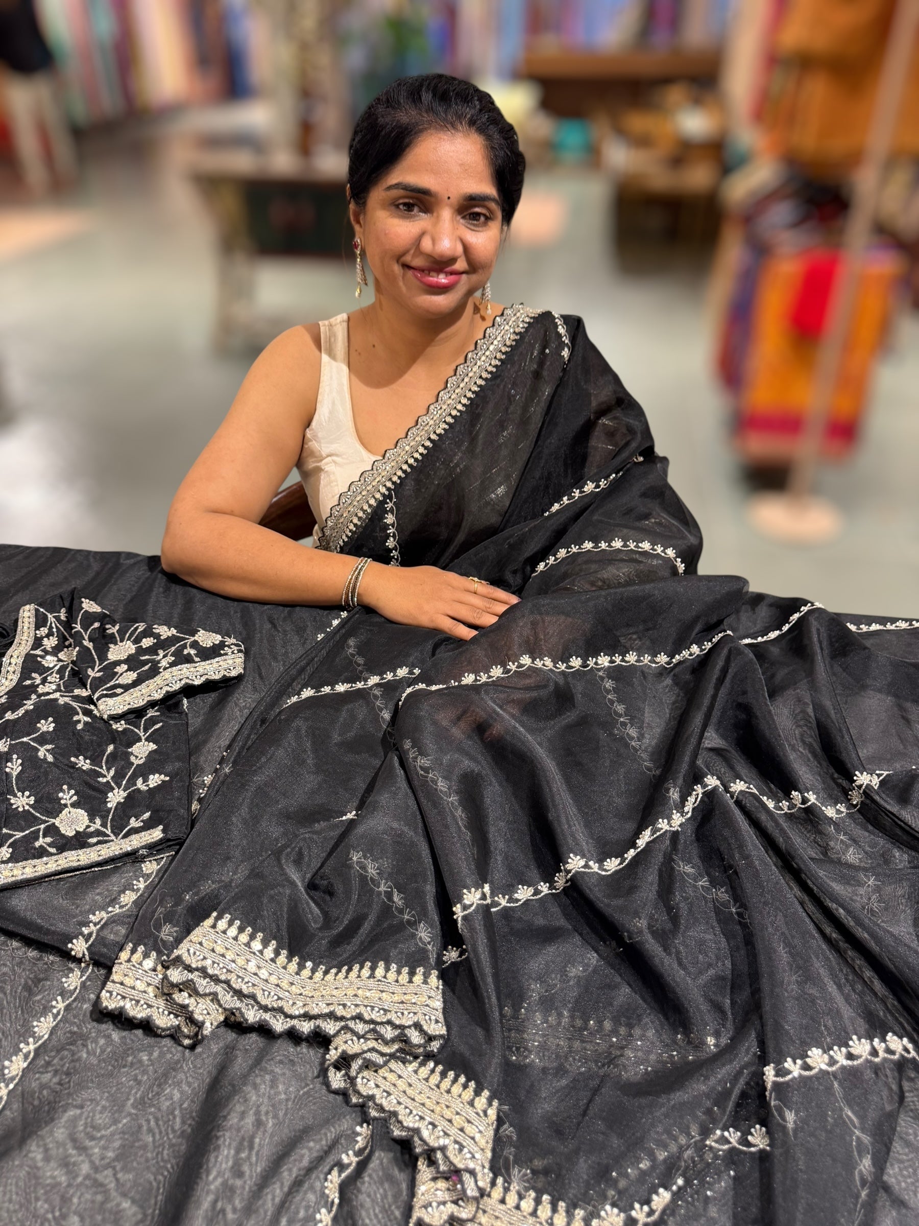 Black Organza handwork saree with ready to wear blouse