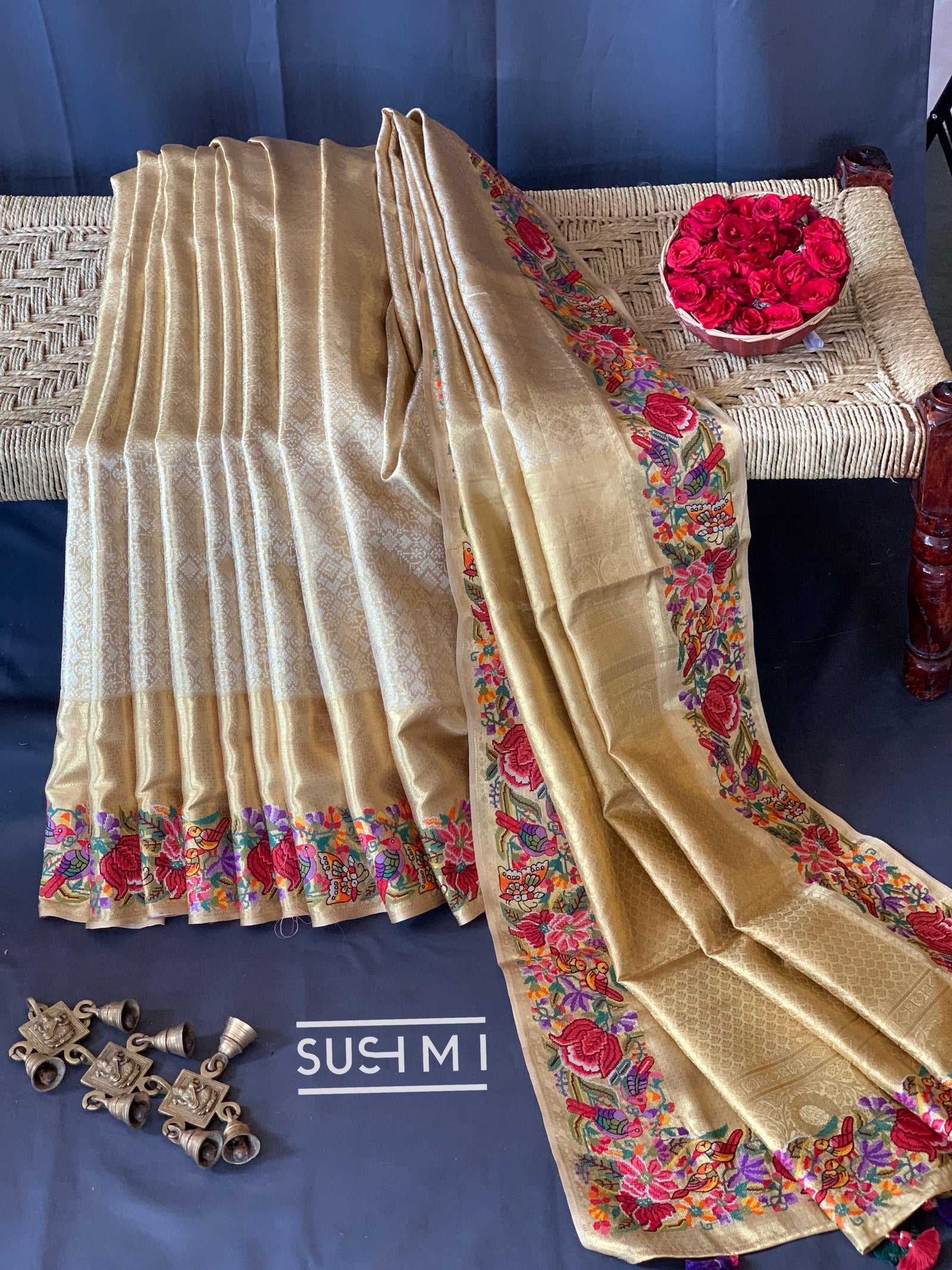 Gold Kanjeevaram Tissue Sareewith petite point embroidery : S62F087