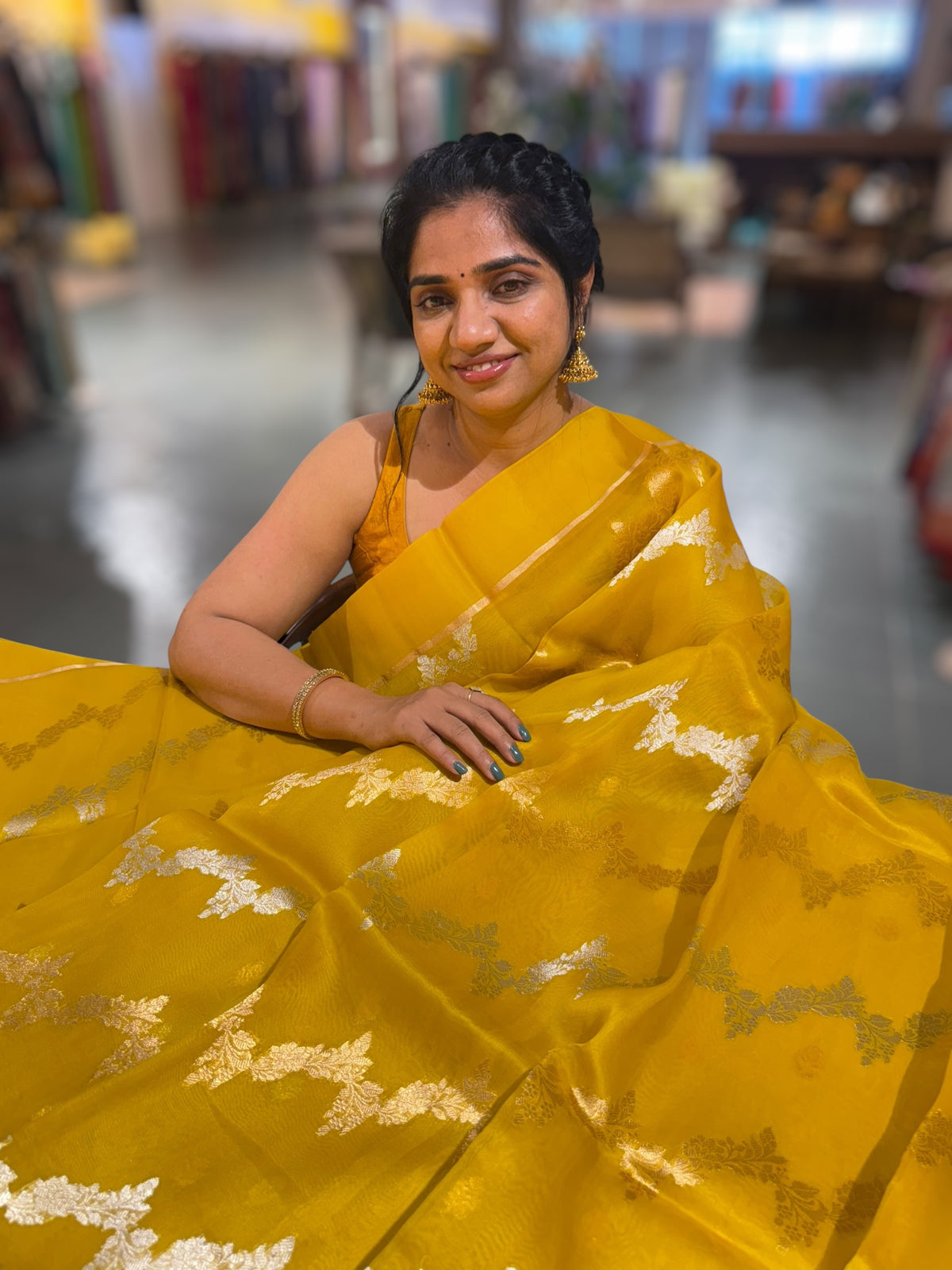 Yellow Kora Banarasi Saree in half & half style