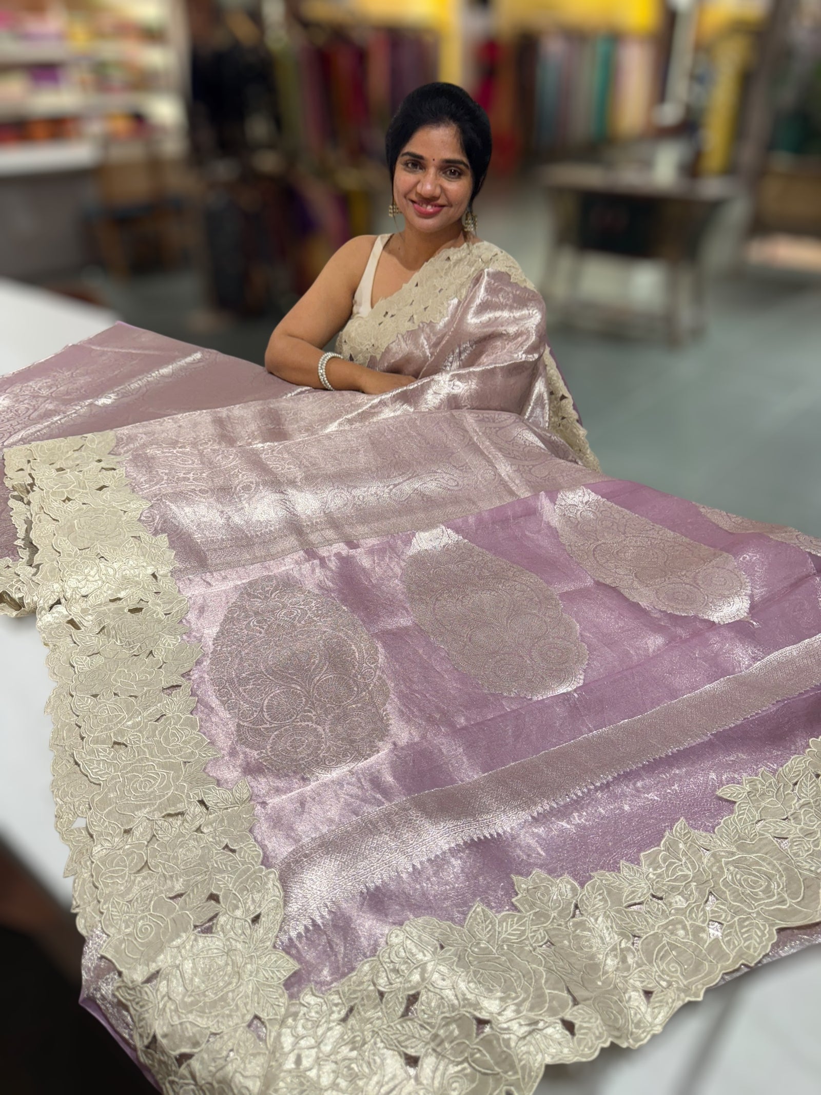 Lilac Tissue Brocade allover weaving Saree with Tissue Cutwork Rose Border