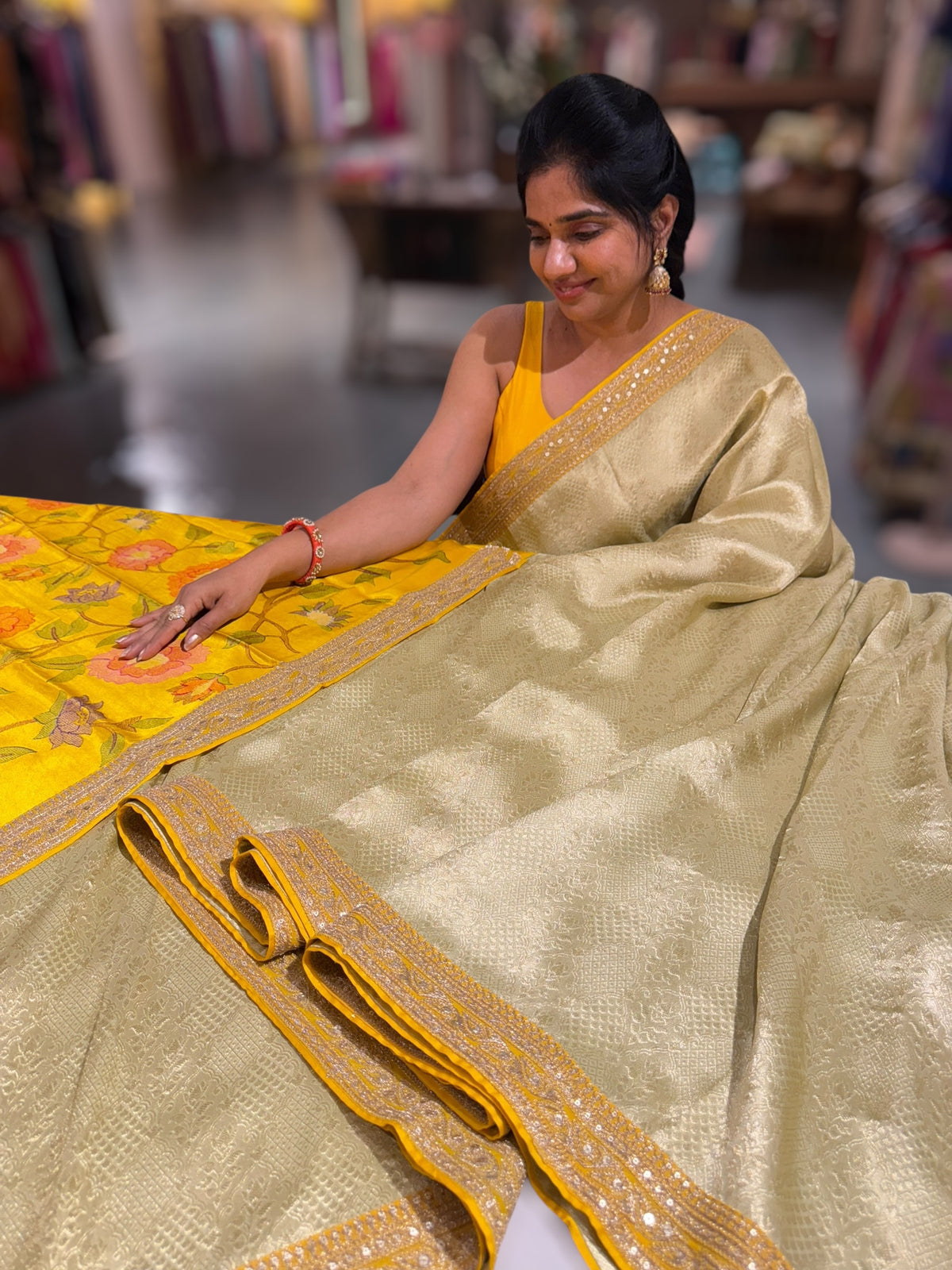 Mint & Yellow Combo Banarasi Tissue Brocade saree