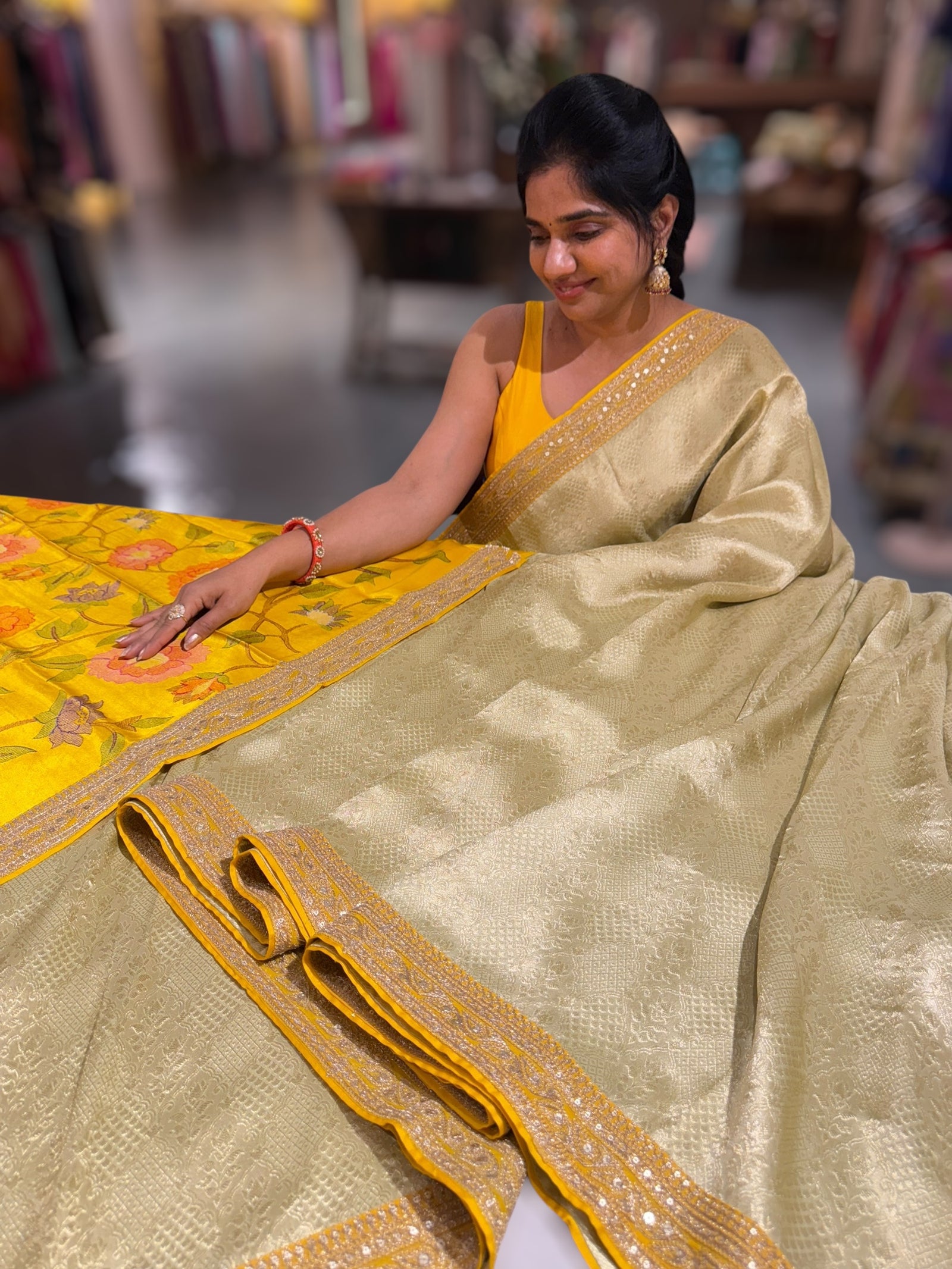 Mint & Yellow Combo Banarasi Tissue Brocade saree