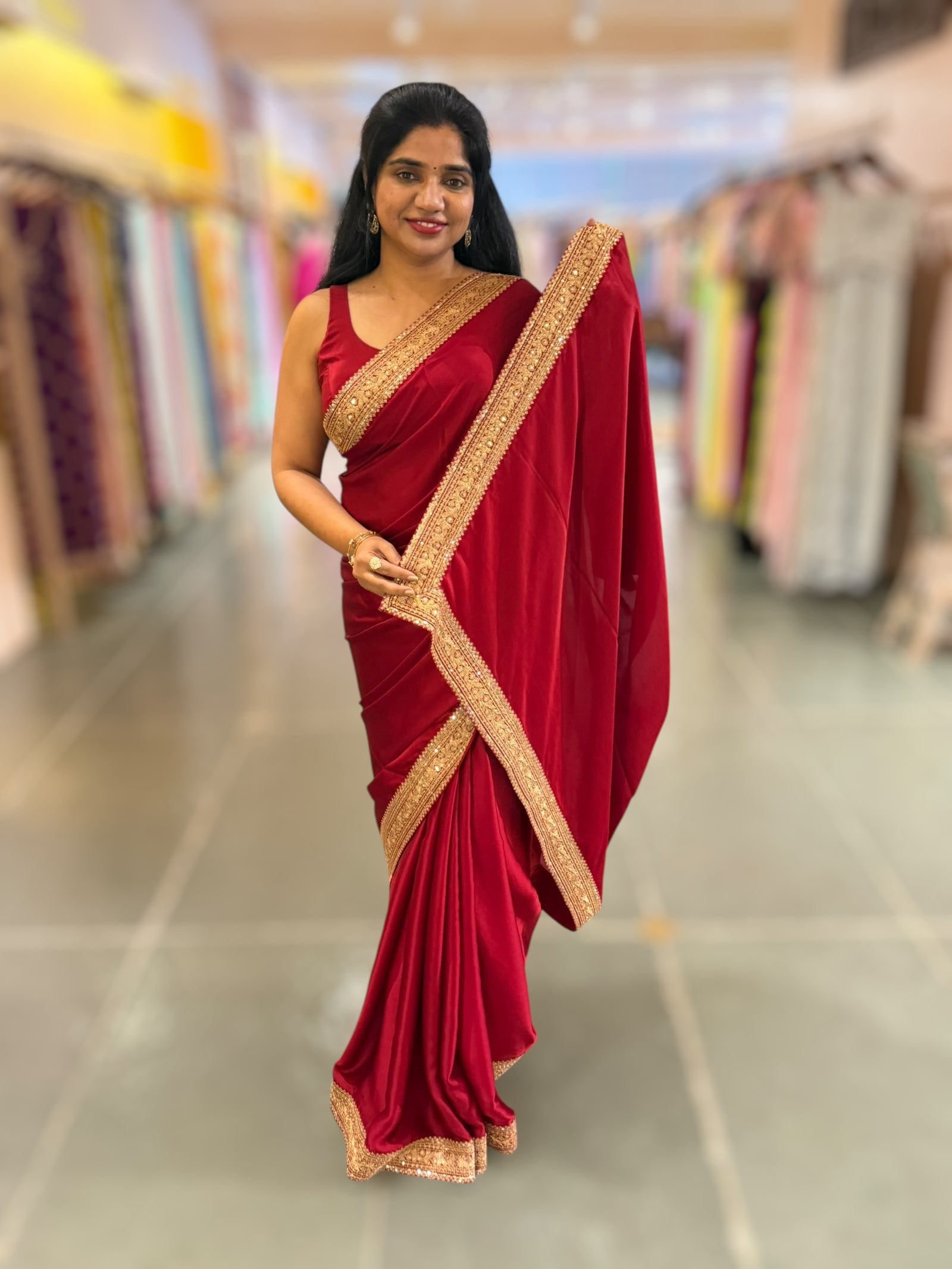 Maroon Red Pure Satin Saree with Sabhyasachi Borders