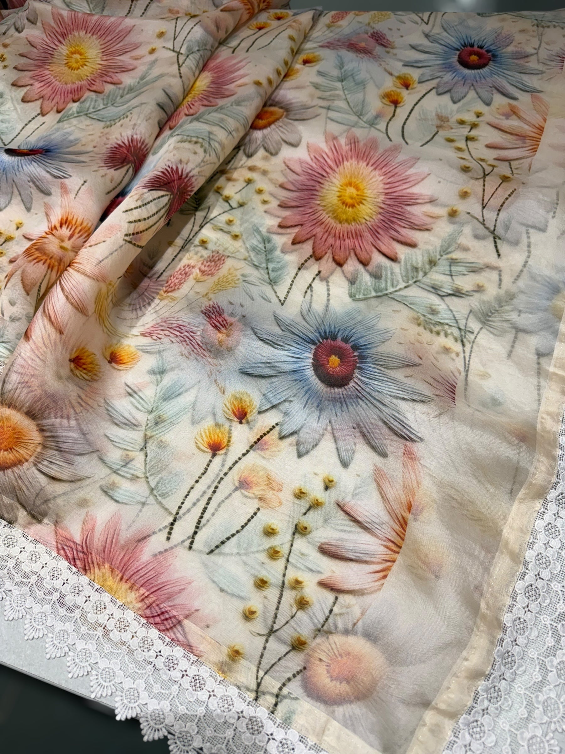 Ivory Organza 3D floral Printed Saree hemlined with crotia lace