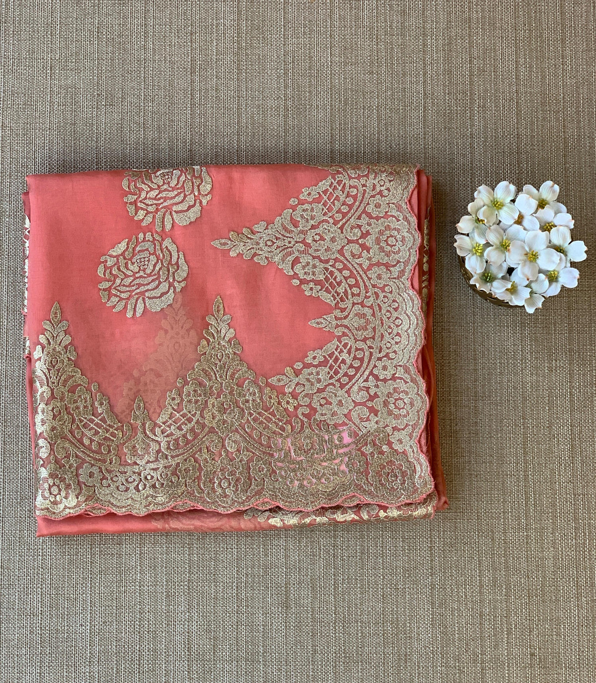 Coral Peach Organza with chantilly Lace embroidery