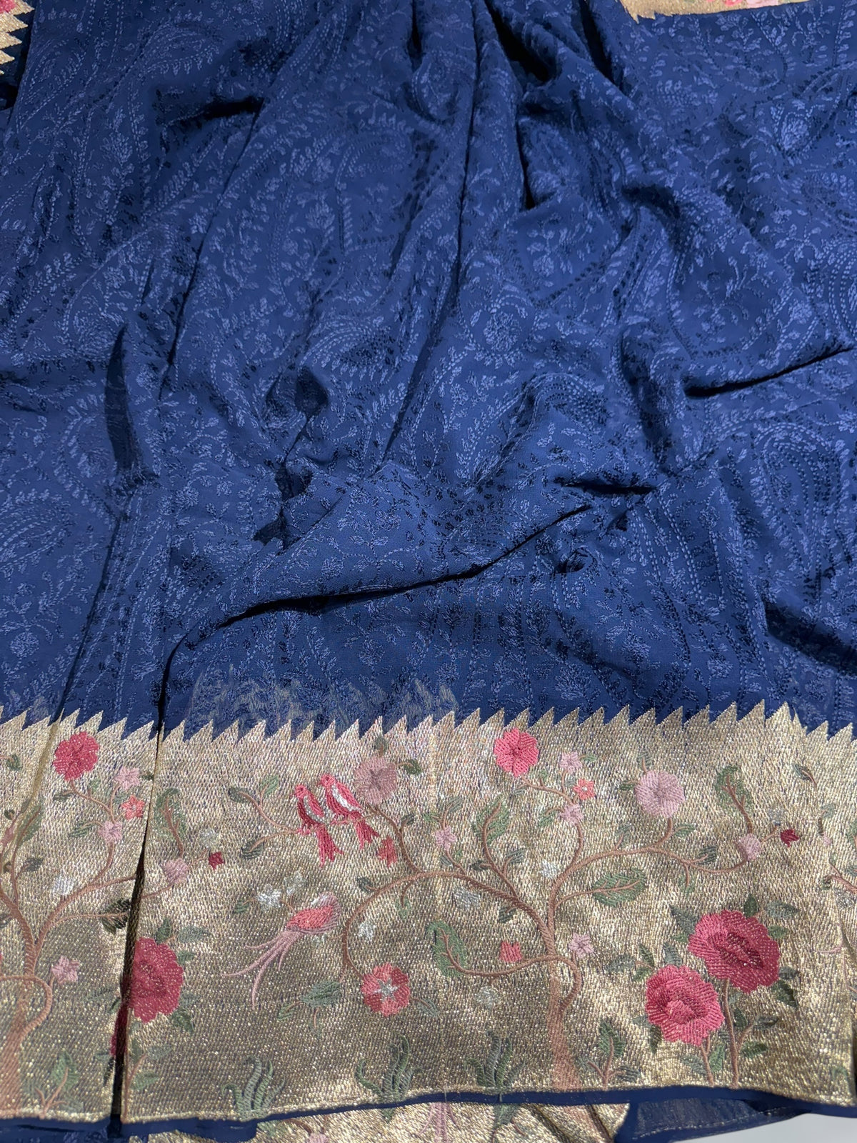 Midnight Blue Chikankari Georgette Saree with Tissue embroidered Border