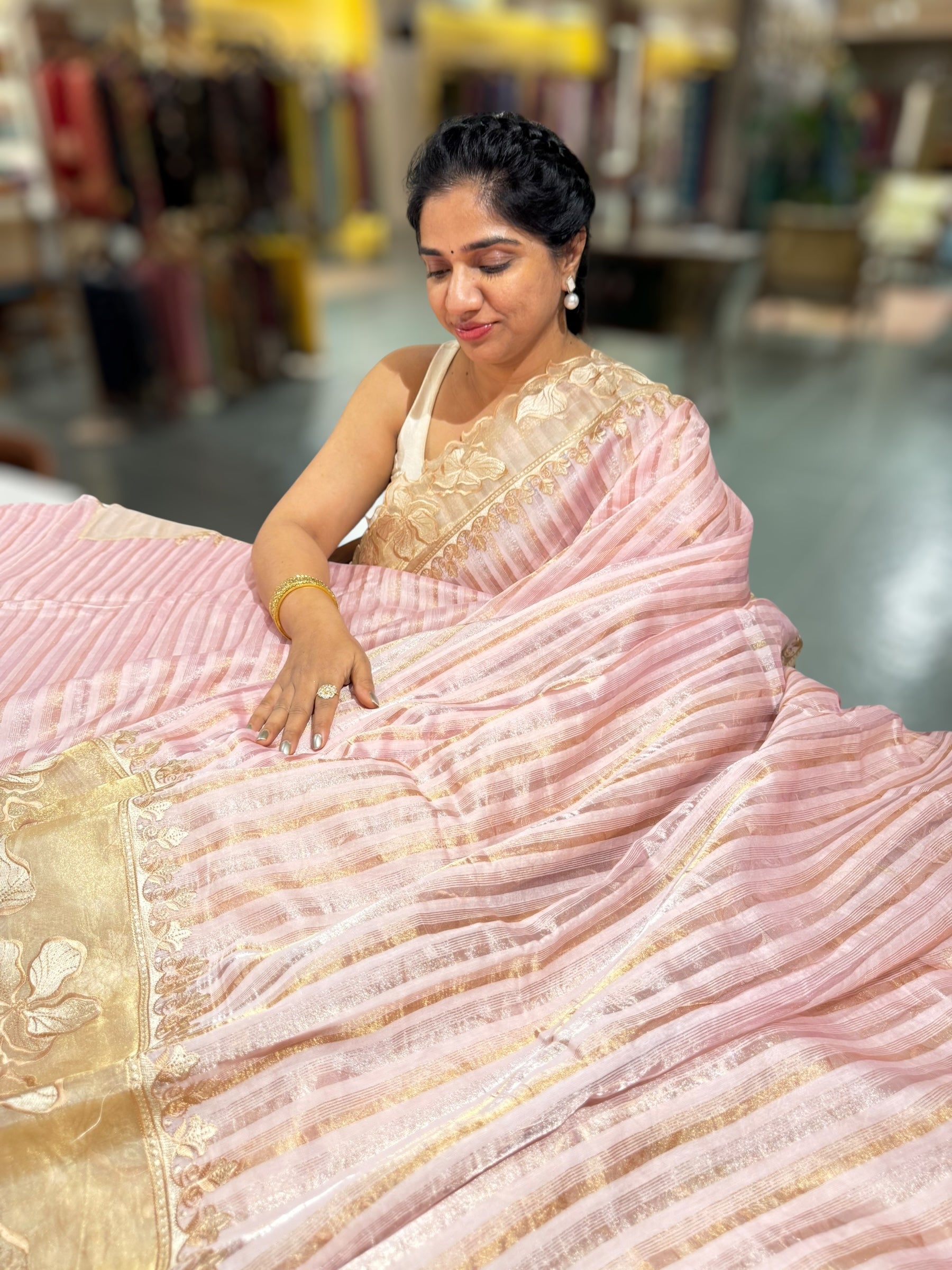 Pastel Pink Mul Tissue Stripes Saree With Tissue Cutwork  Border & Blouse