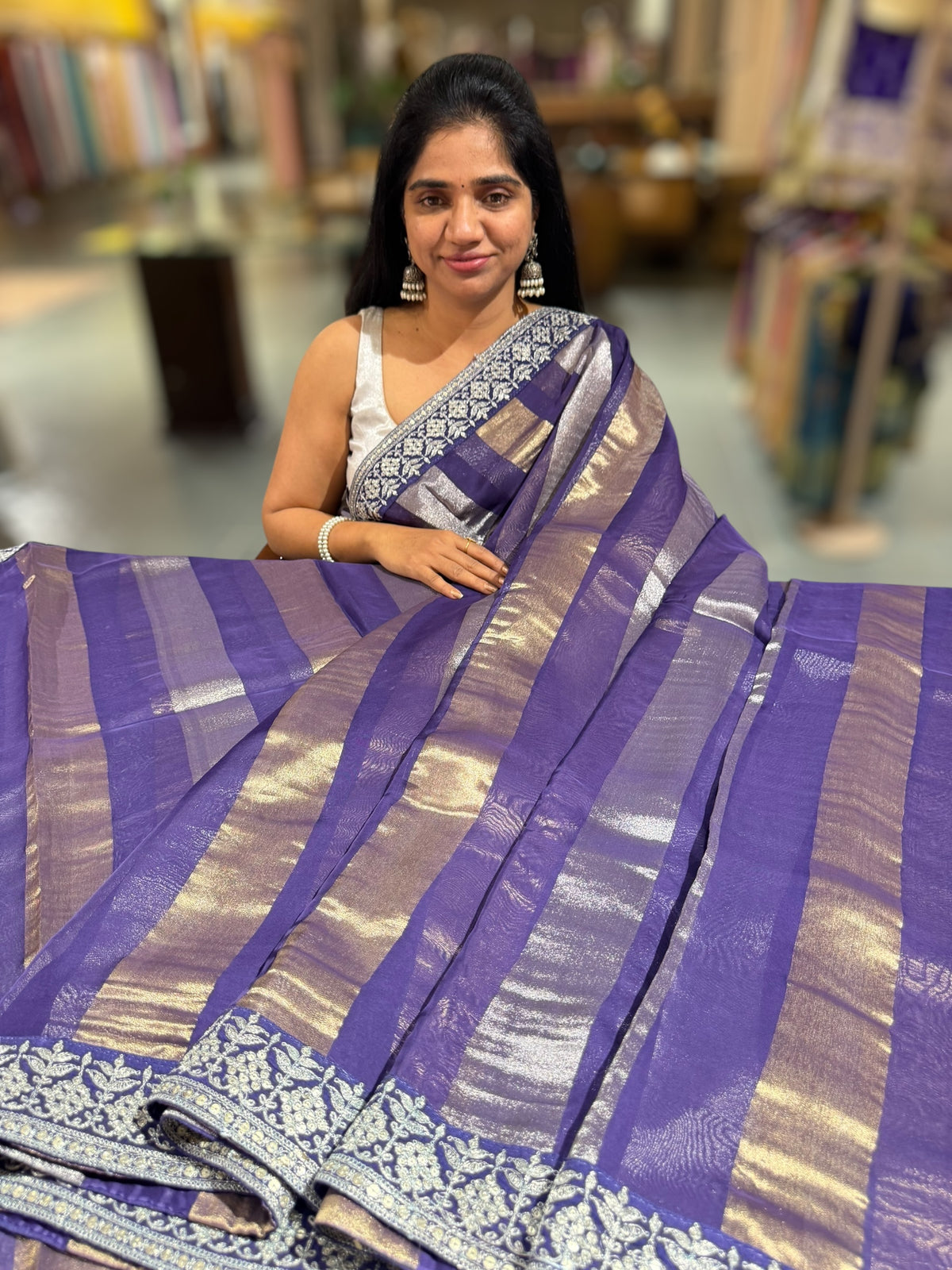 Brinjal Kora tissue stripes saree