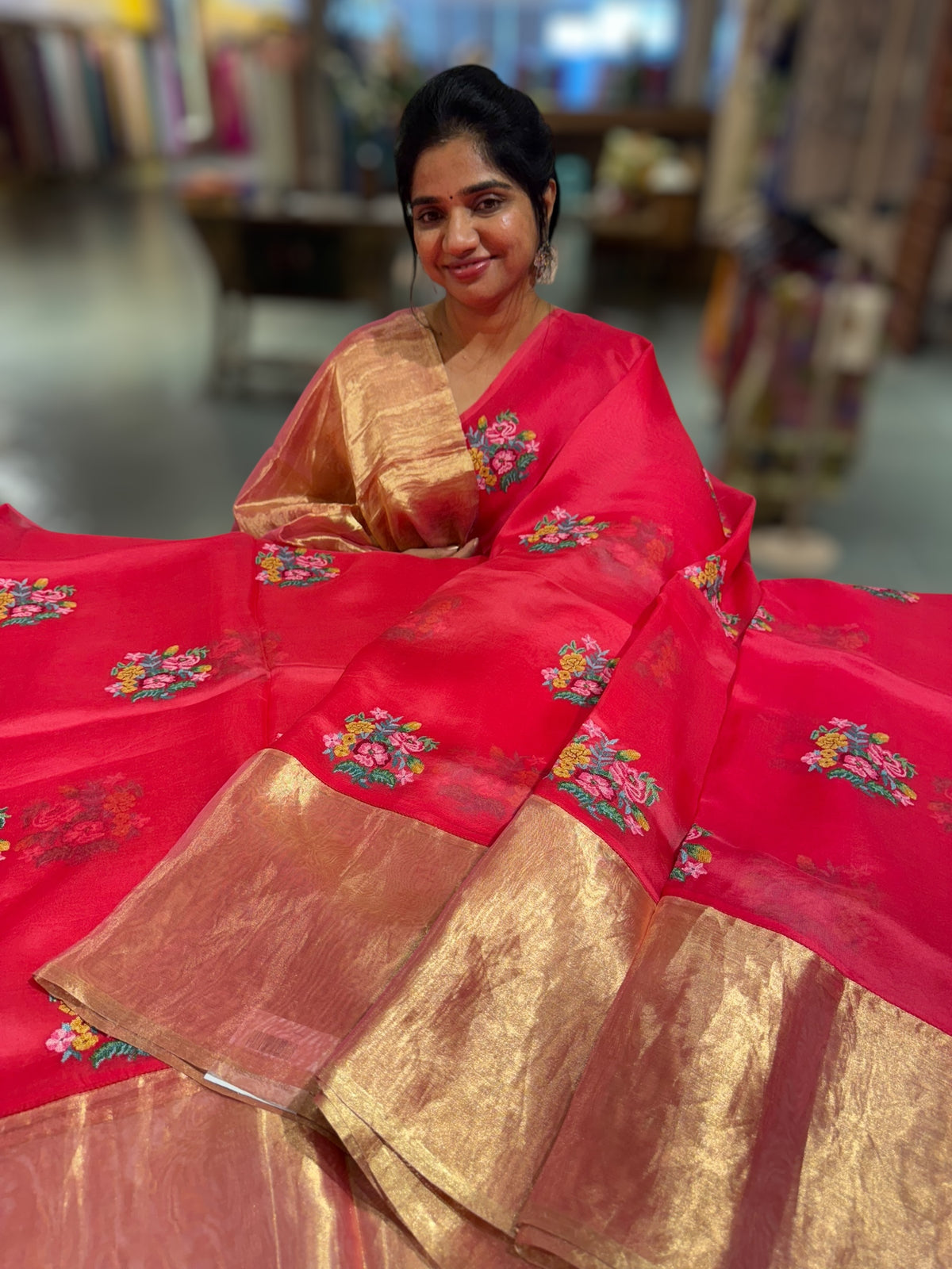 Pinkish Red Organza Saree with pure Tissue Border