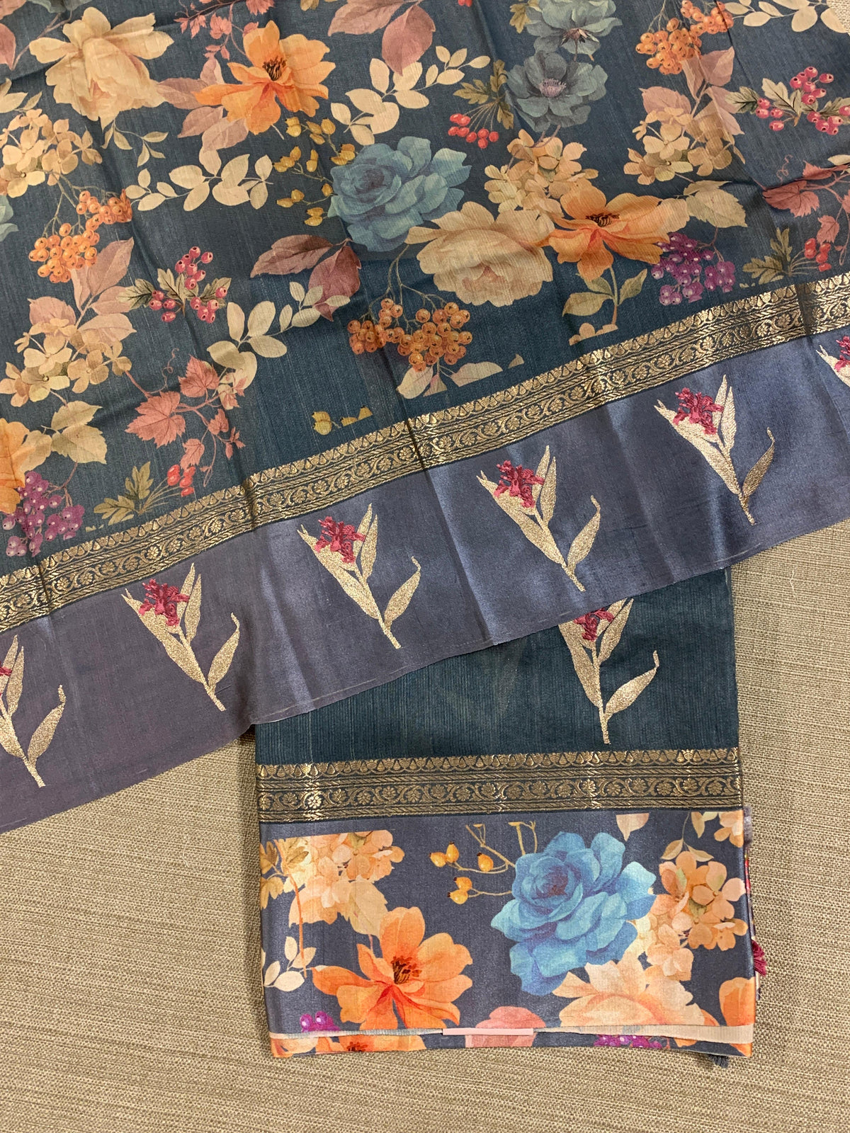 Elephant Grey Tussar Dhupion Saree with Floral printed mashru borders