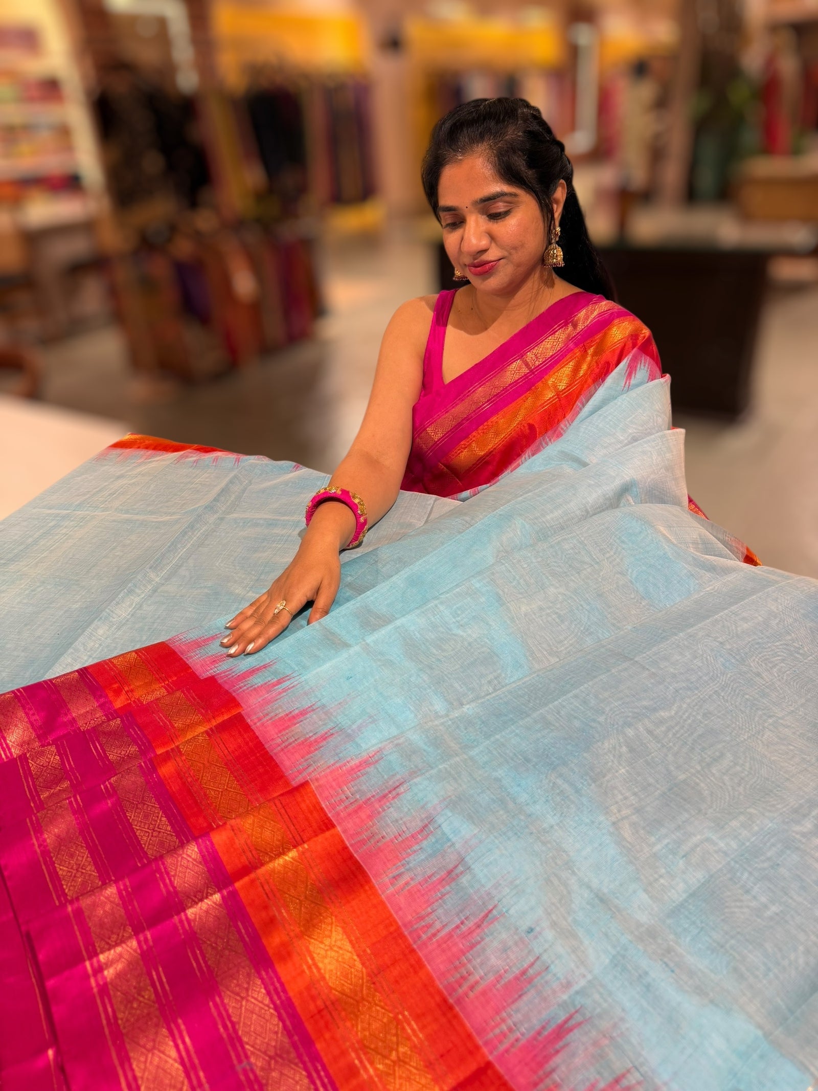 Pastel Blue Ponduru Khadi Tissue  Saree in 80’s Count with Kanchi Style borders
