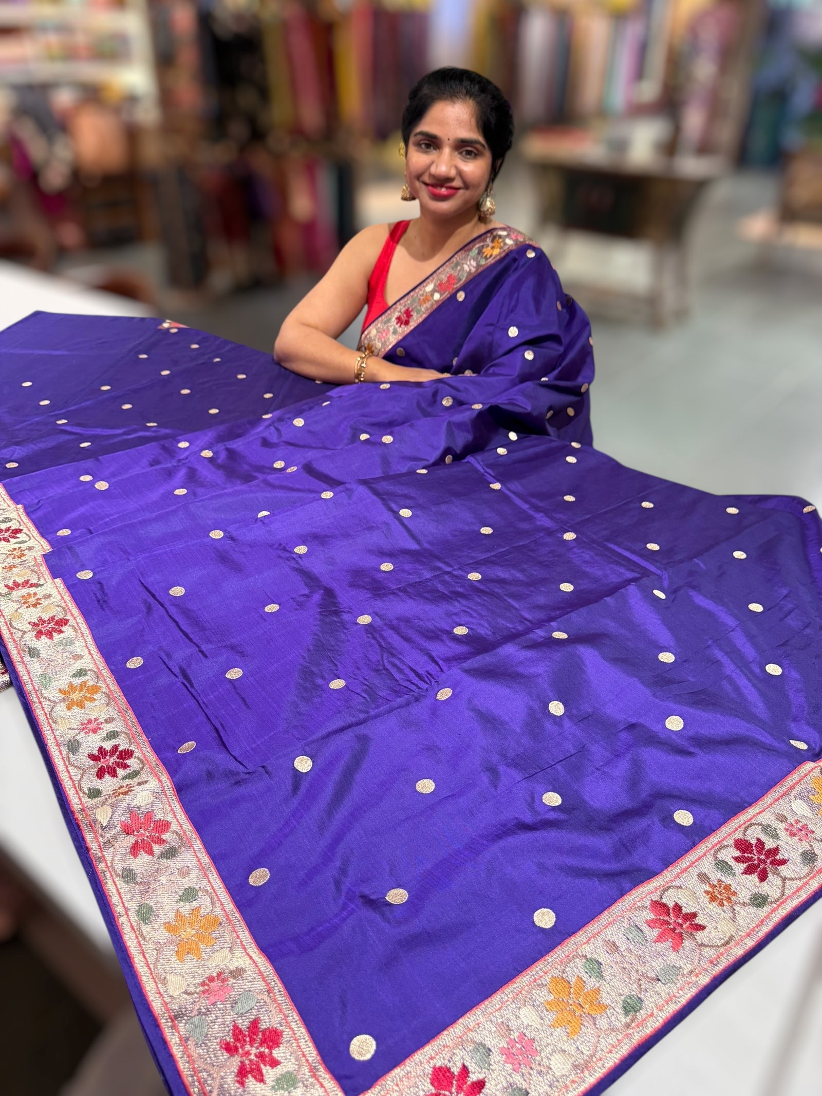 Violet Kanchi soft silk saree with pythani and jamdani inspired embroidery