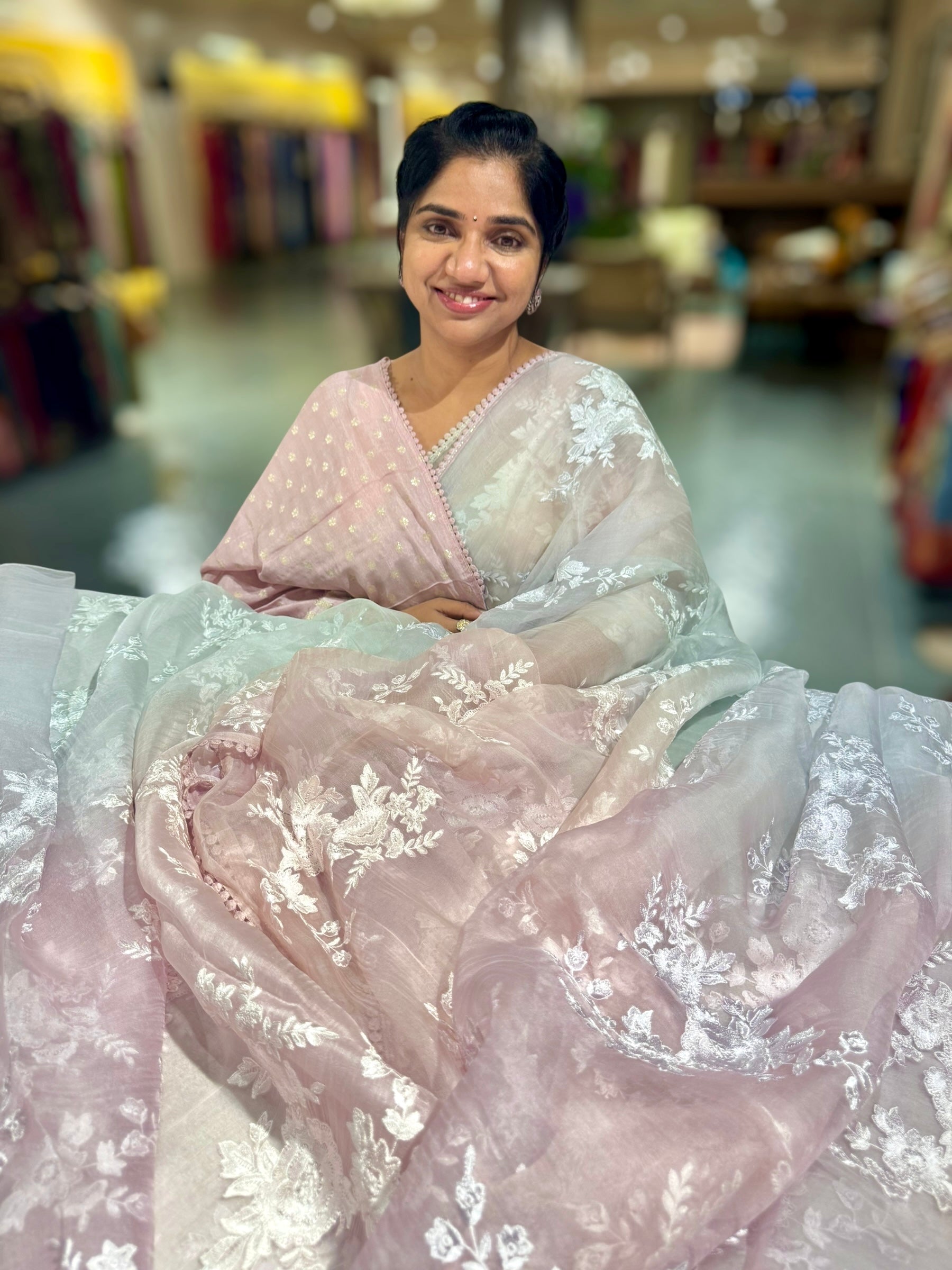 Pure Muslin Ombre Dyed Saree With allover Embroidery