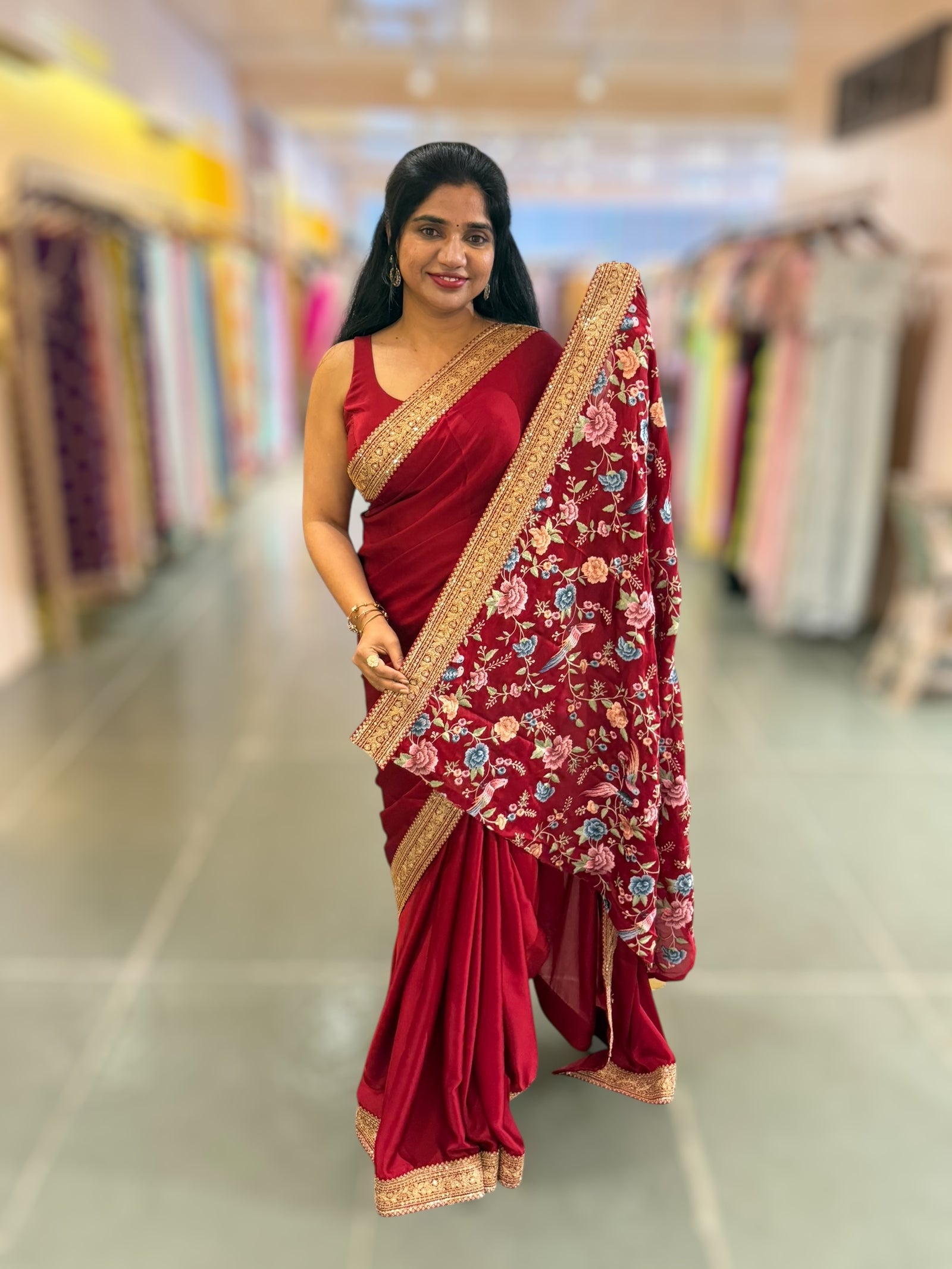 Maroon Red Pure Satin Saree with Sabhyasachi Borders