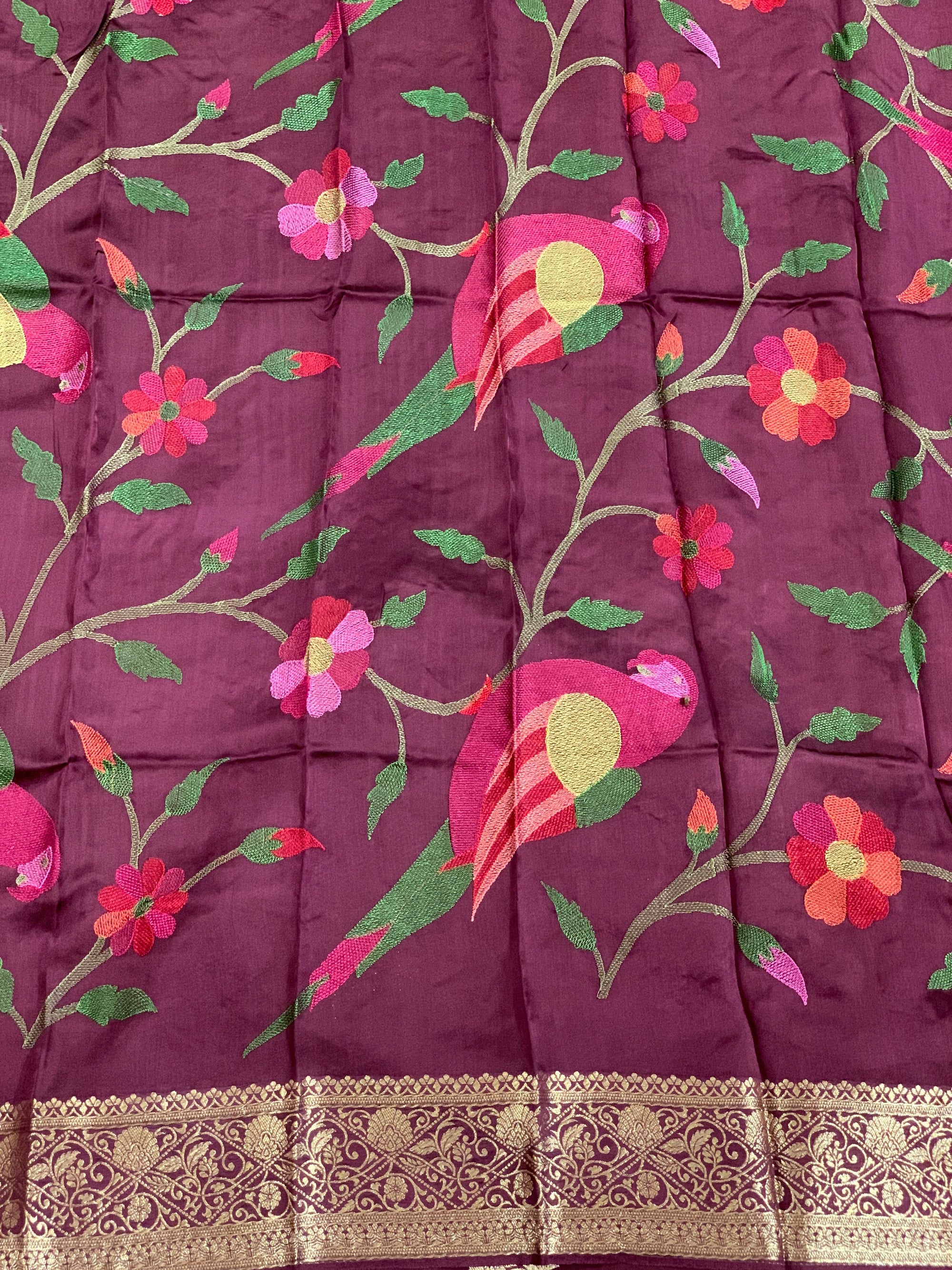 Wine Mashru Silk Saree with Paithani inspired embroidered blouse