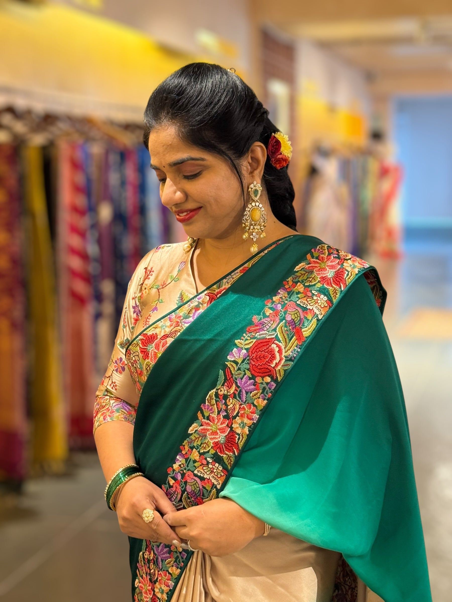 Pure Satin Ombre Dyed Saree with Petite Point Embroidered Border and blouse.