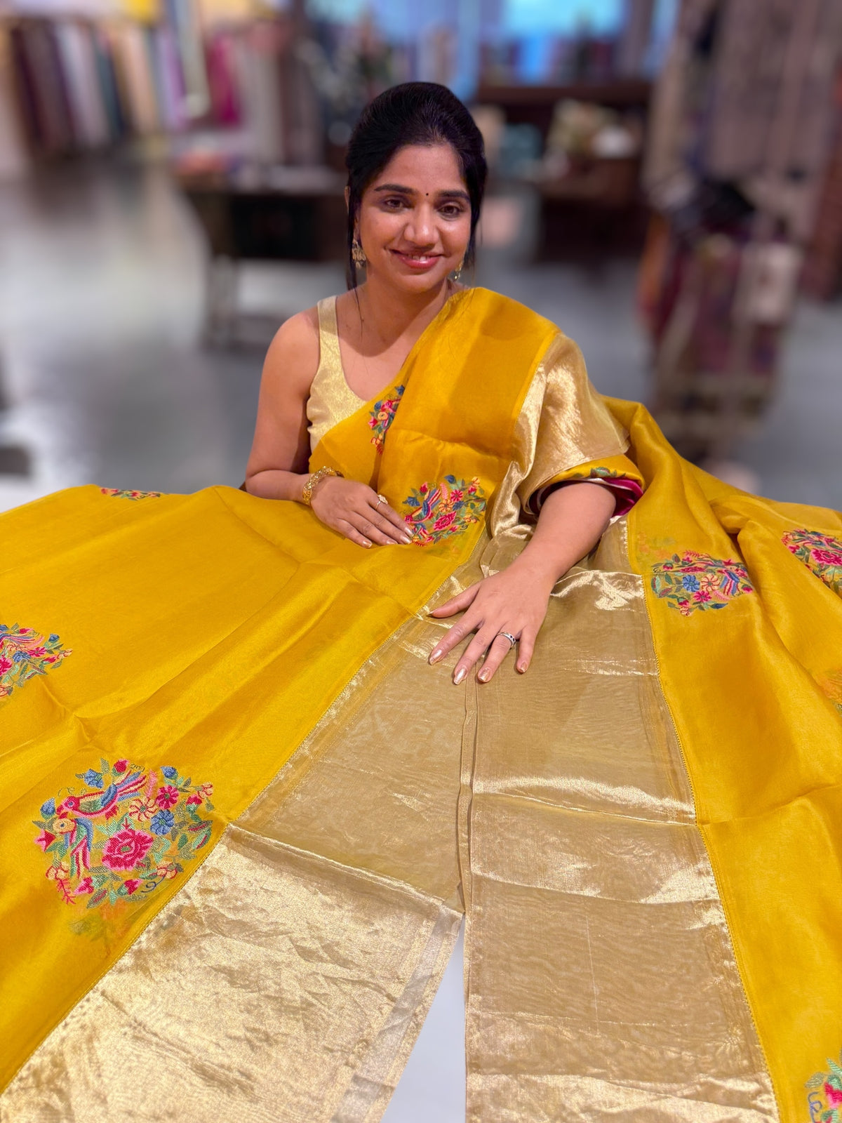 Yellow Organza Saree with pure Tissue Border