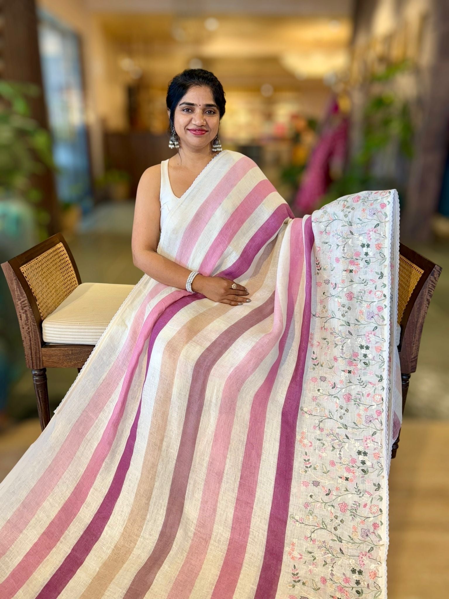 Lenin Saree with Multi Colors stripes and Embroidered Border