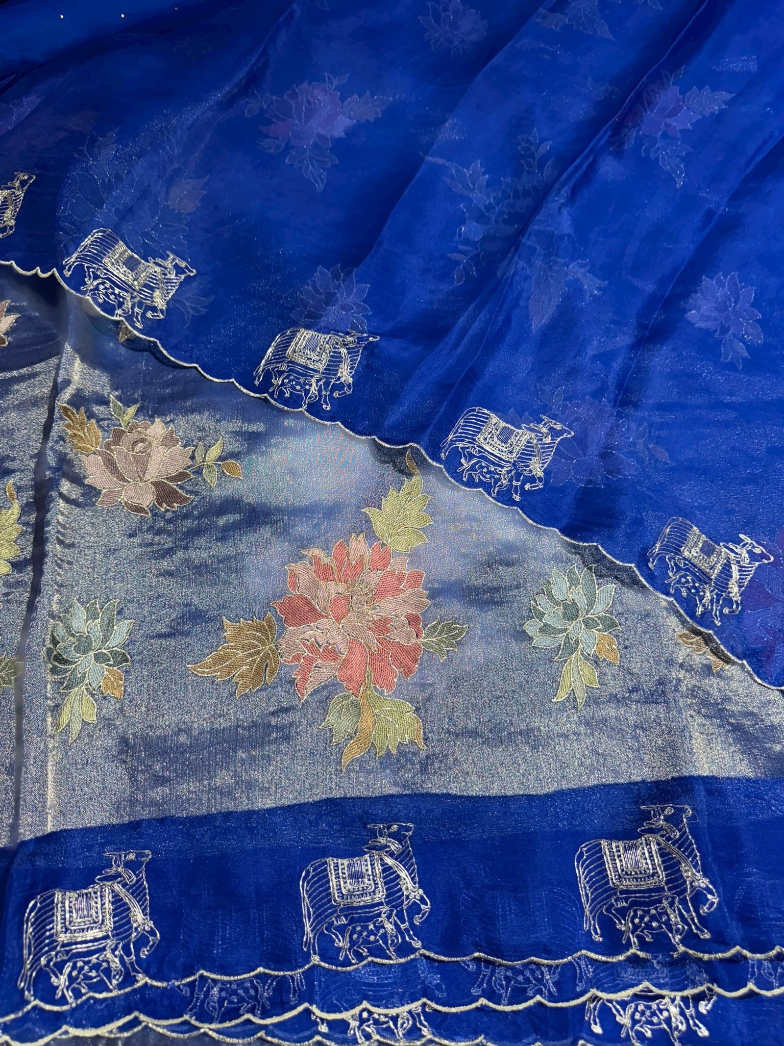 Electric Blue Premium Handloom Designer Tissue saree with exquisite embroidery