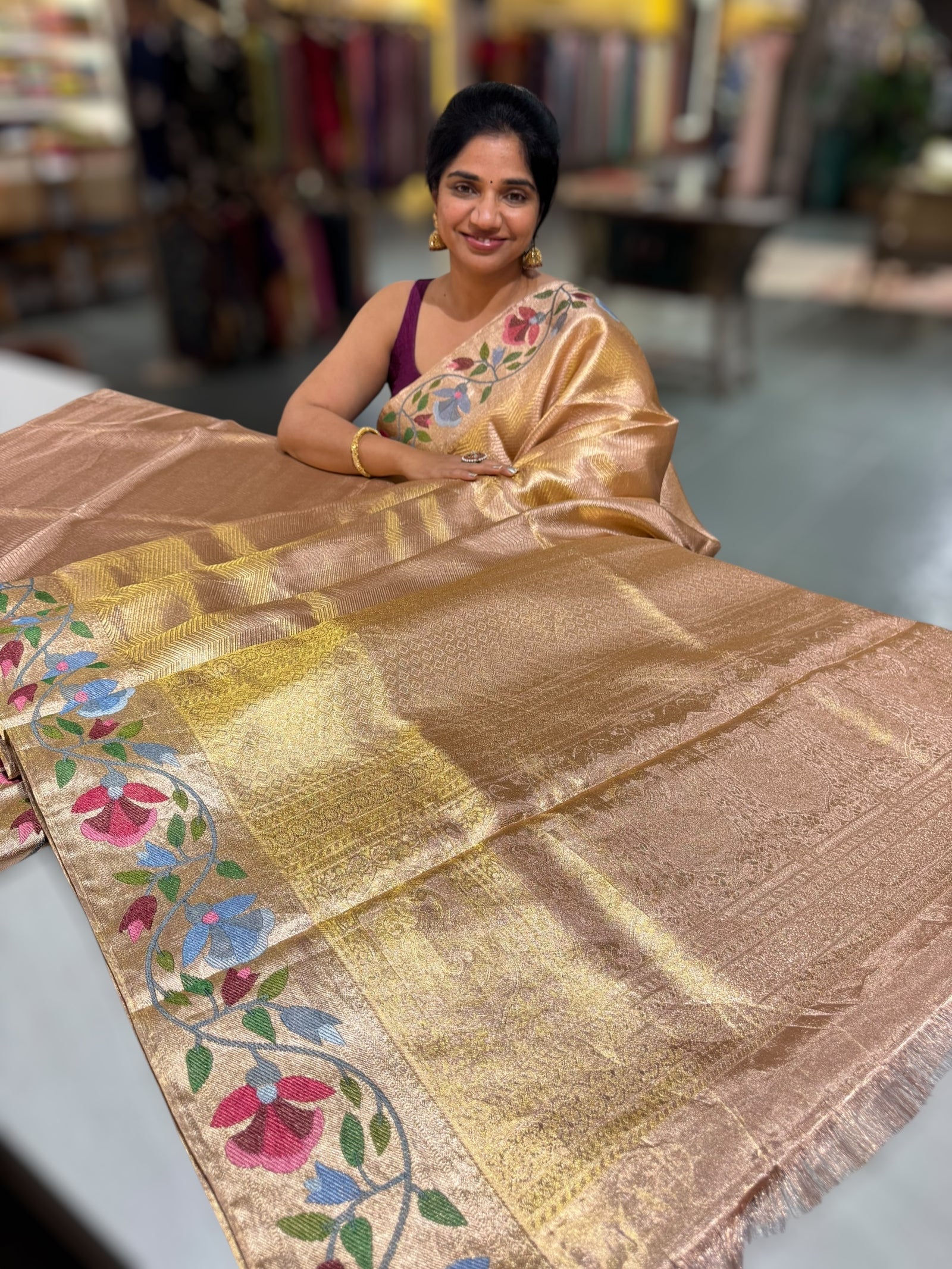Rose Gold Kanchi Tissue Brocade Saree With jamdani inspired embroidery.