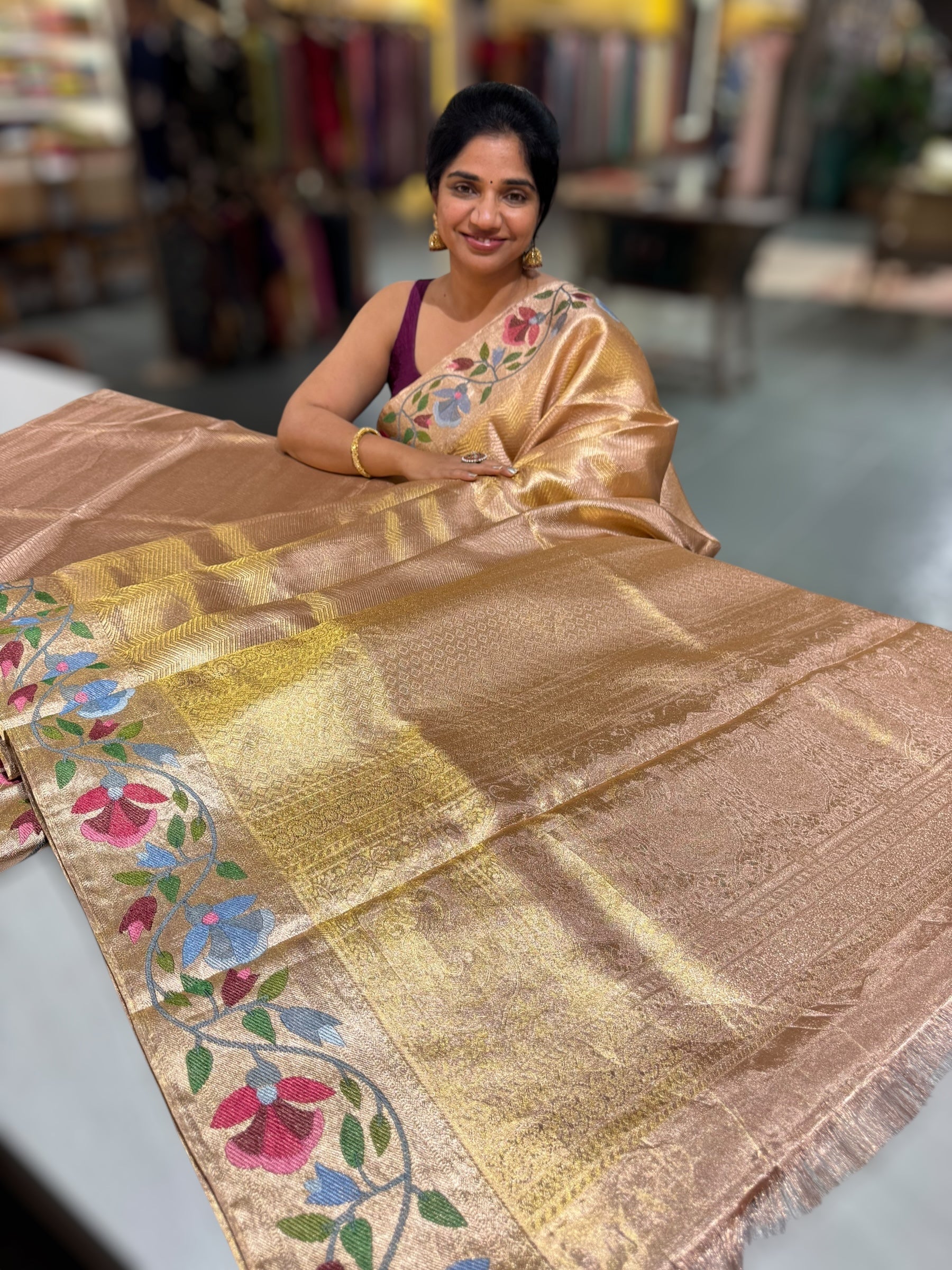 Rose Gold Kanchi Tissue Brocade Saree With jamdani inspired embroidery.