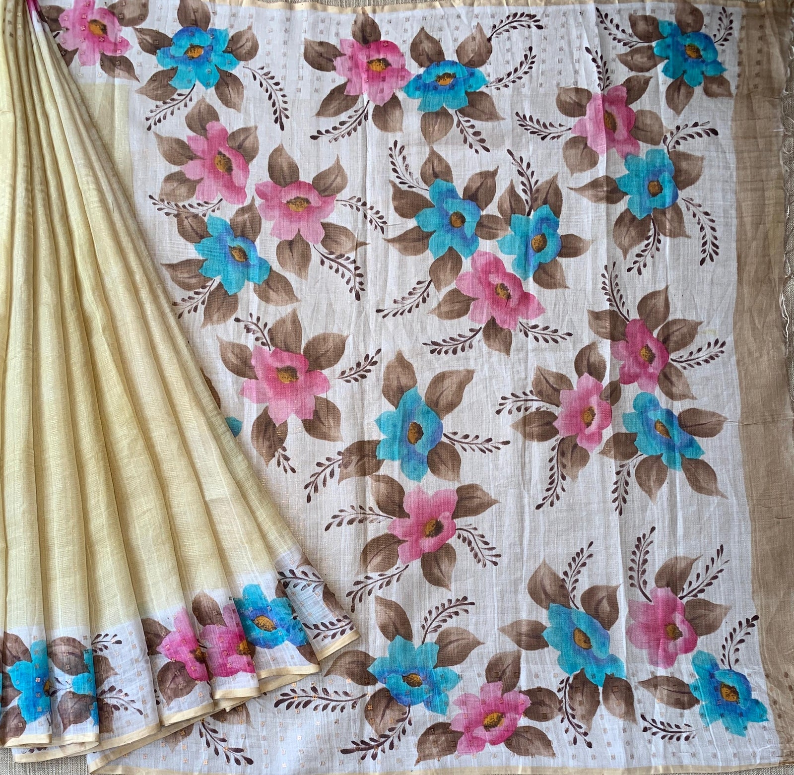 Pastel Yellow Tussar Kota Tissue Saree with Handpainted Muslin Border and Pallu