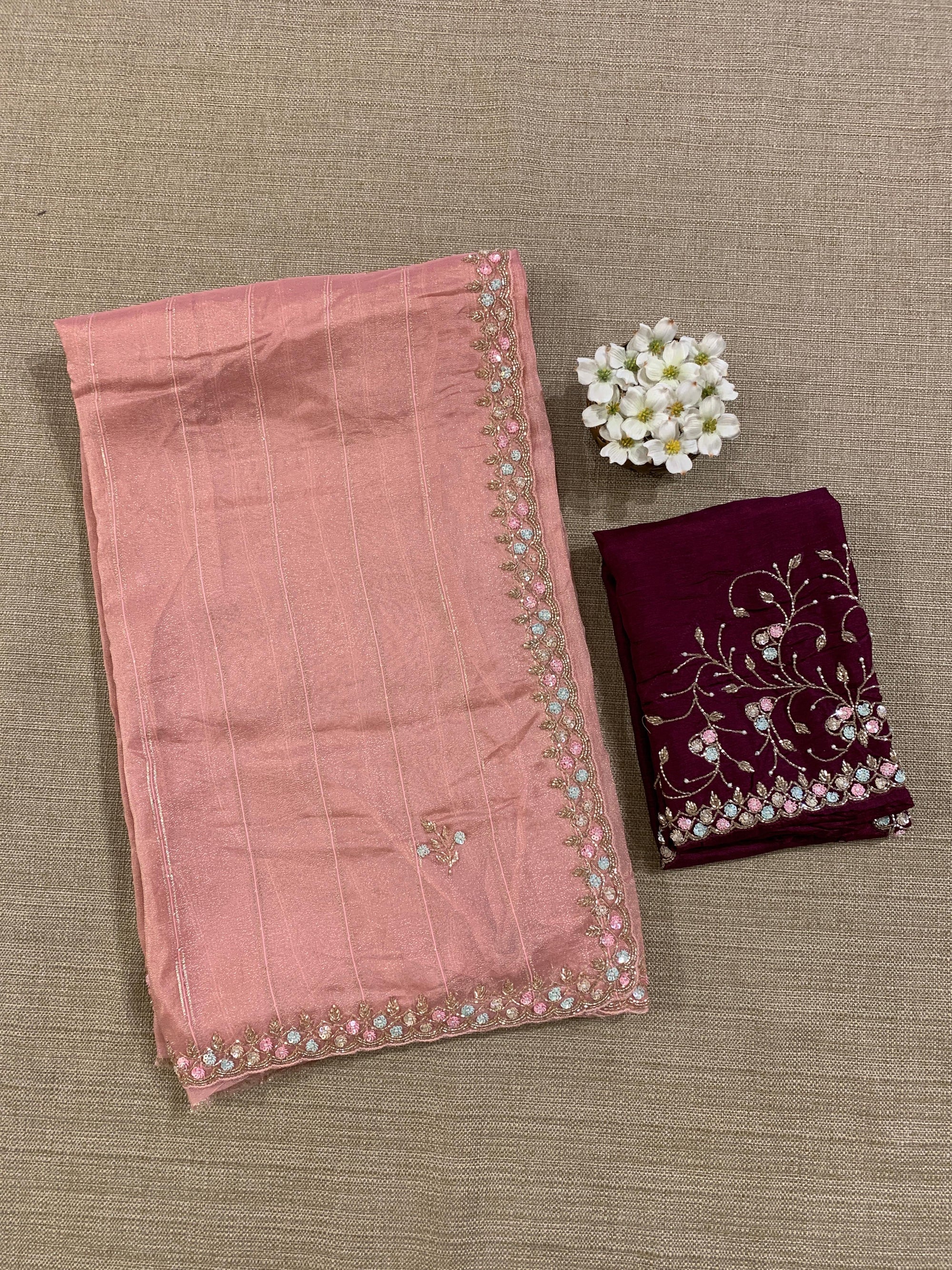 Tissue Gorgette Saree With Hanwork Border and Blouse.