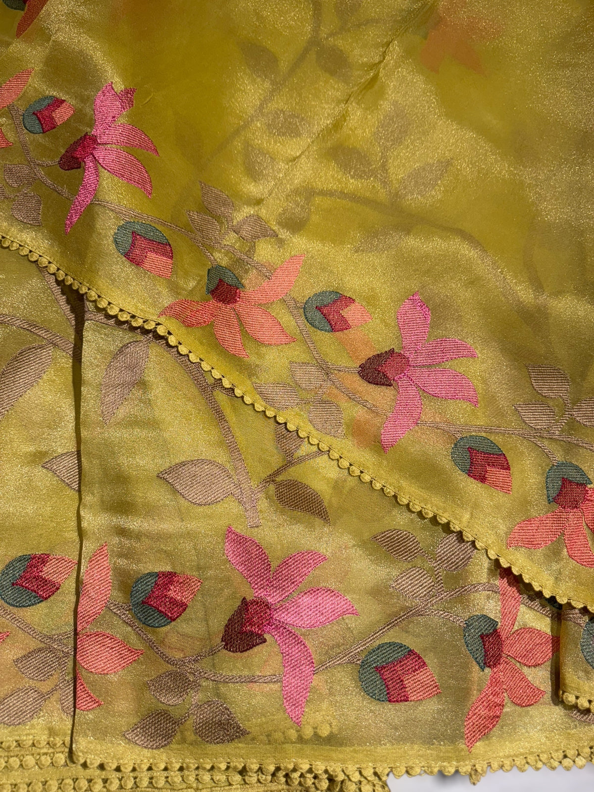 Lime yellow Tissue georgette saree with embroidery