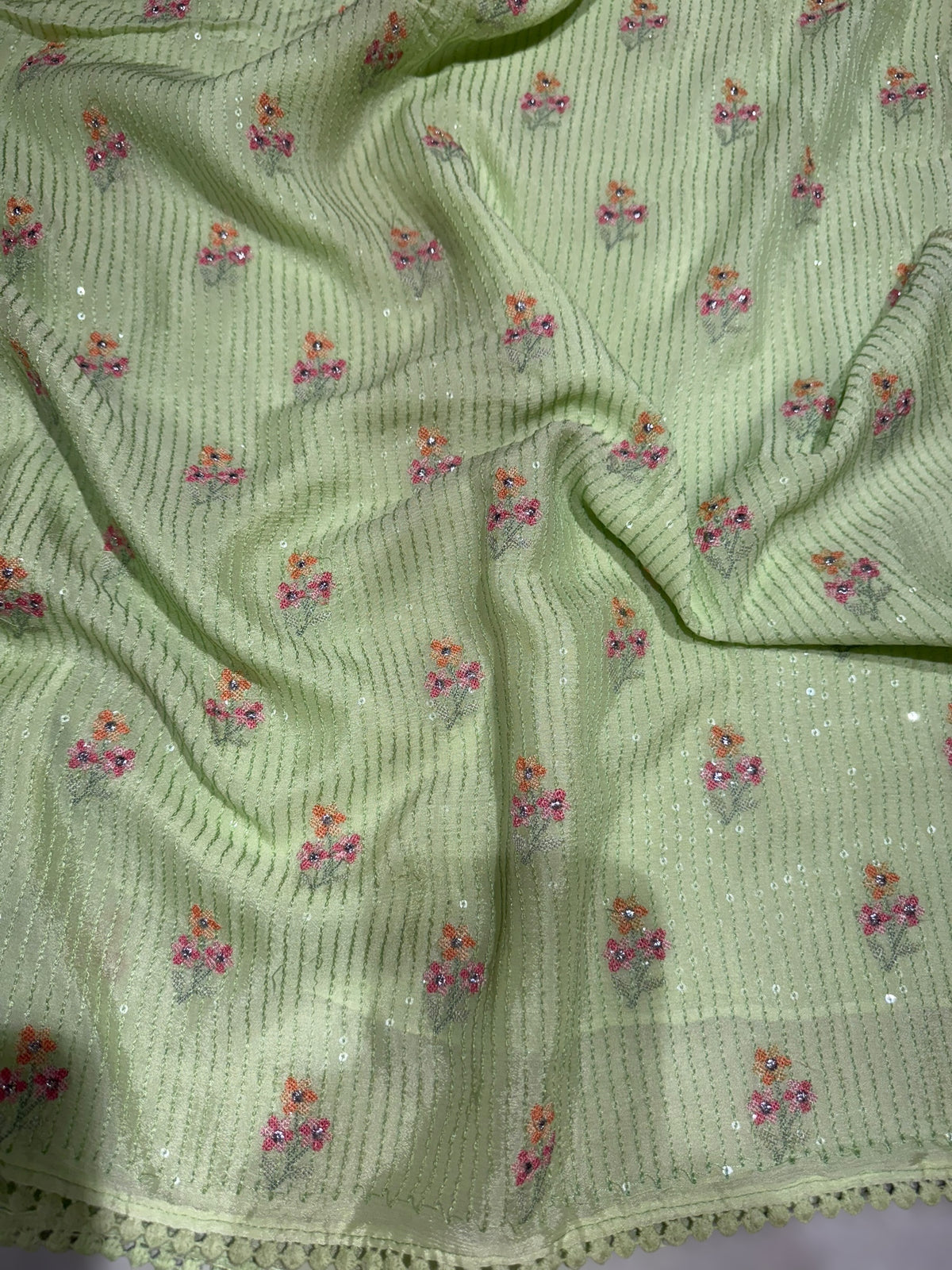 Sea Green chiffon saree with embroidery