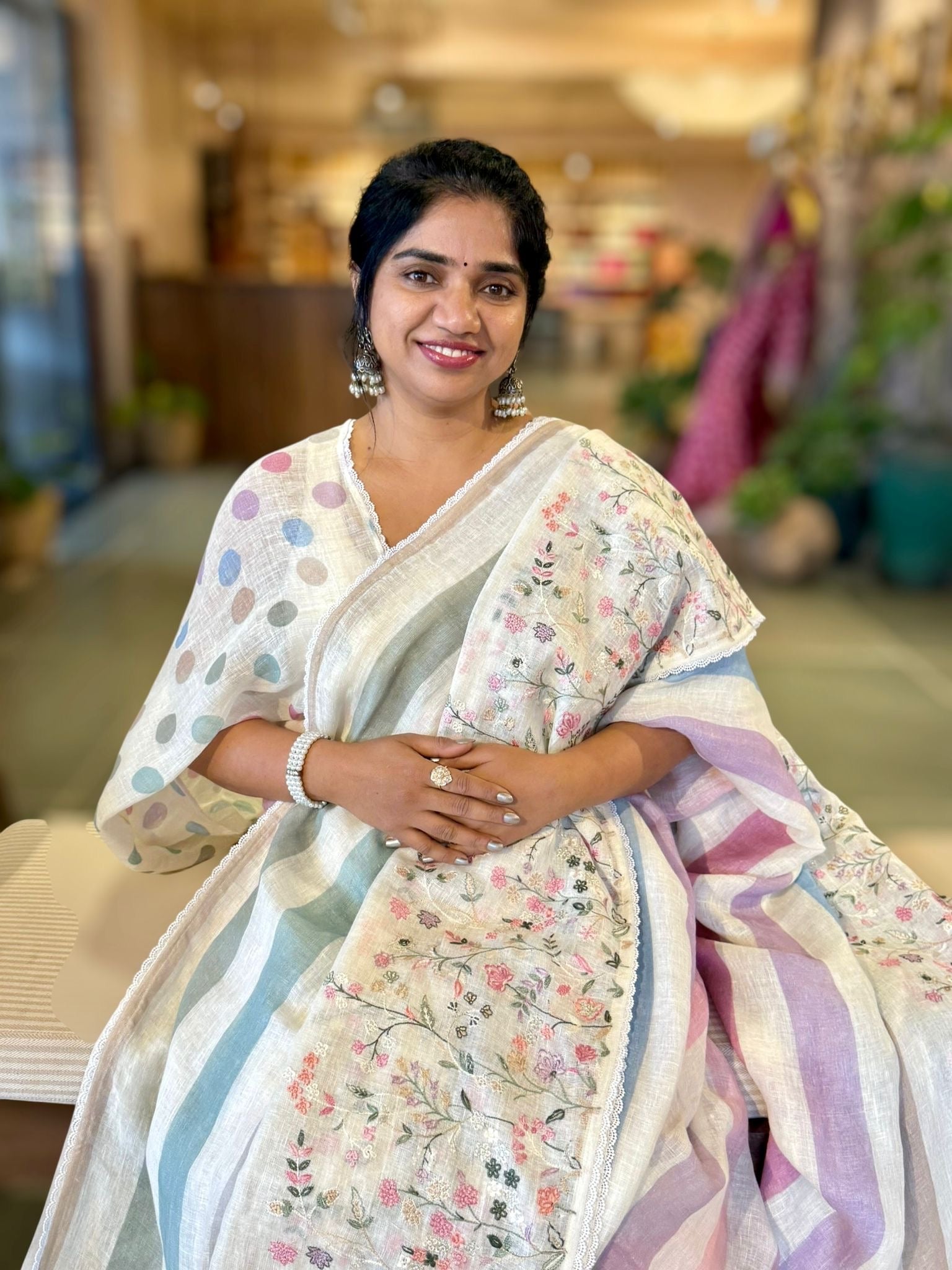 Lenin Saree with Multi Colors stripes and Embroidered Border