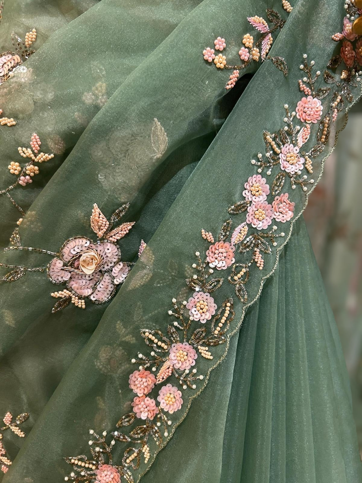 Sage Green Organza allover heavy handwork saree with ready to wear blouse