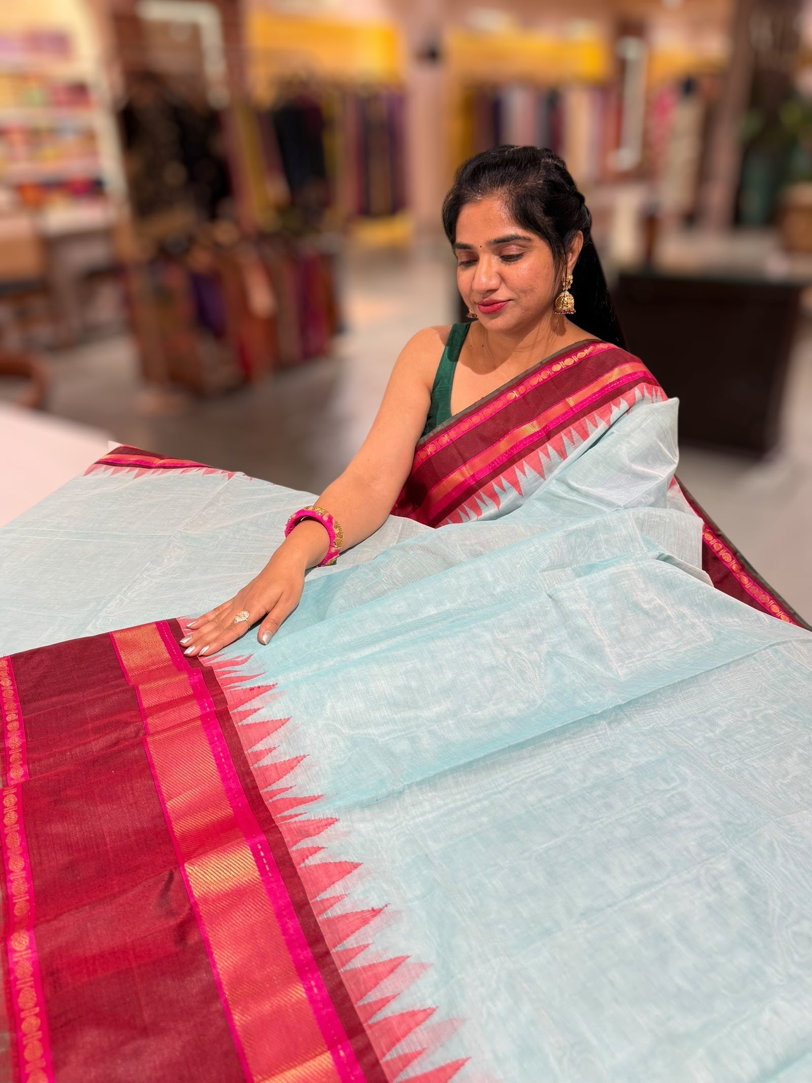 Pastel Blue Ponduru Khadi Saree in 80’s Count with Kanchi Style borders