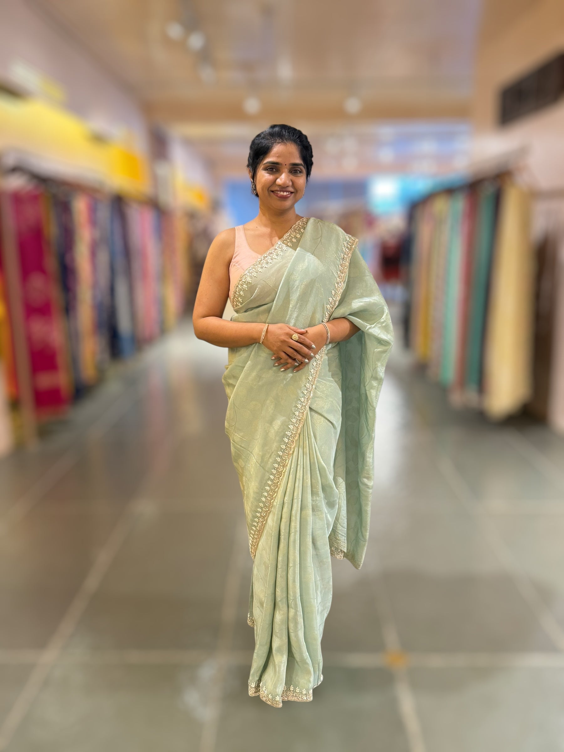 Pastel Blue Tissue Gorgette Saree With Hanwork Border and Blouse.