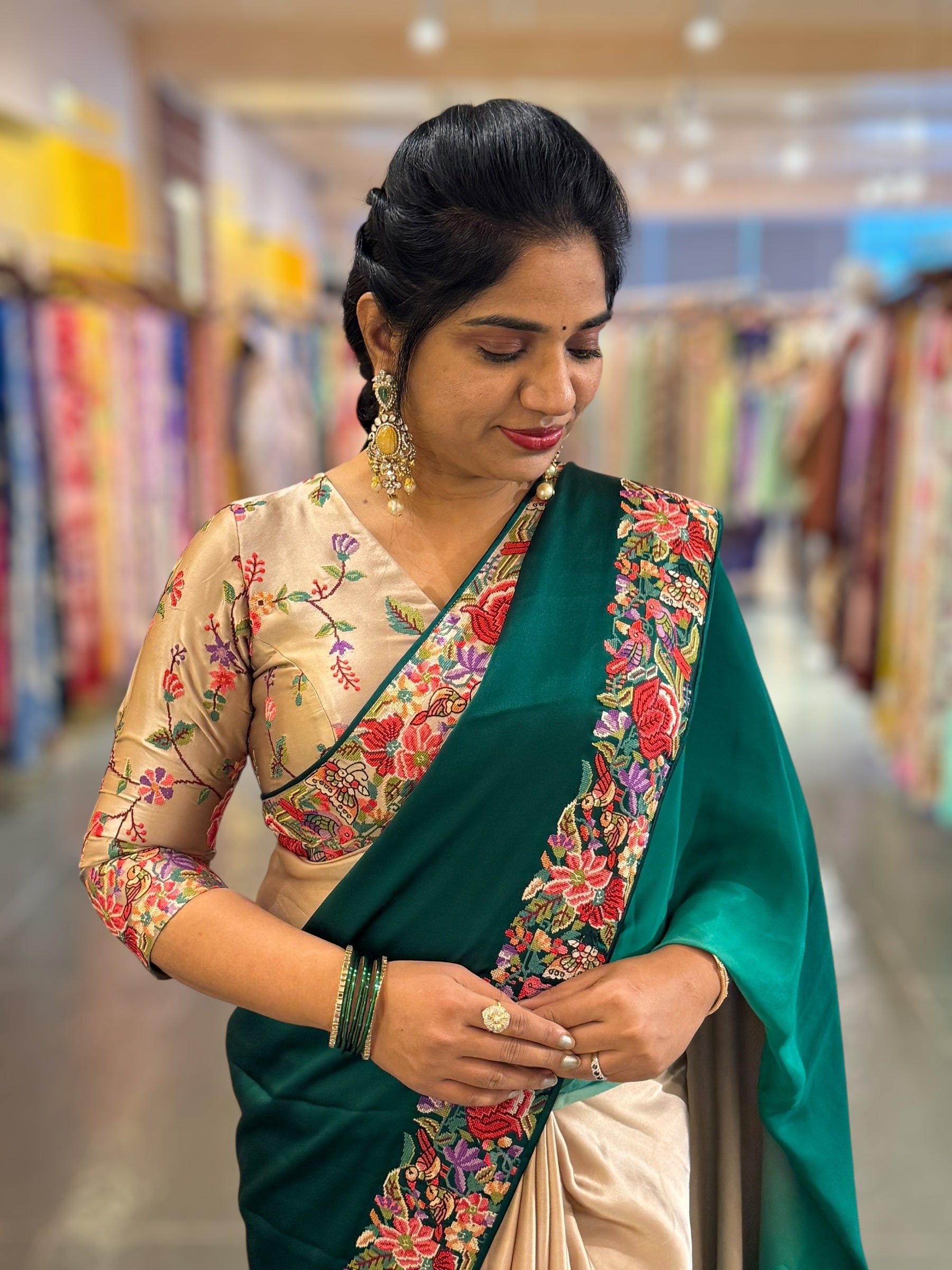 Pure Satin Ombre Dyed Saree with Petite Point Embroidered Border and blouse.