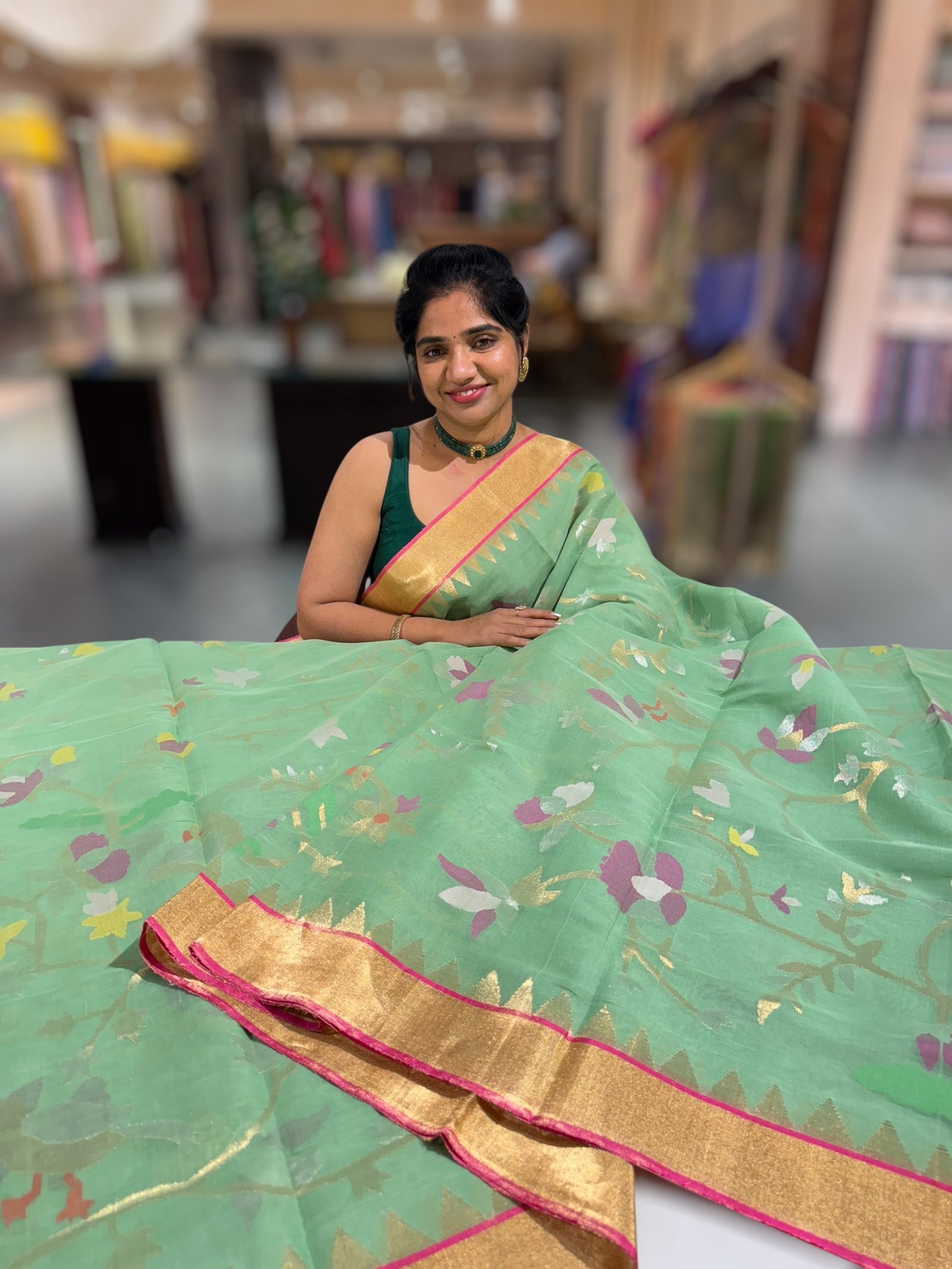 Light Apple Green Ponduru Khadi Jamdani Allover Meenkari Weaving Saree