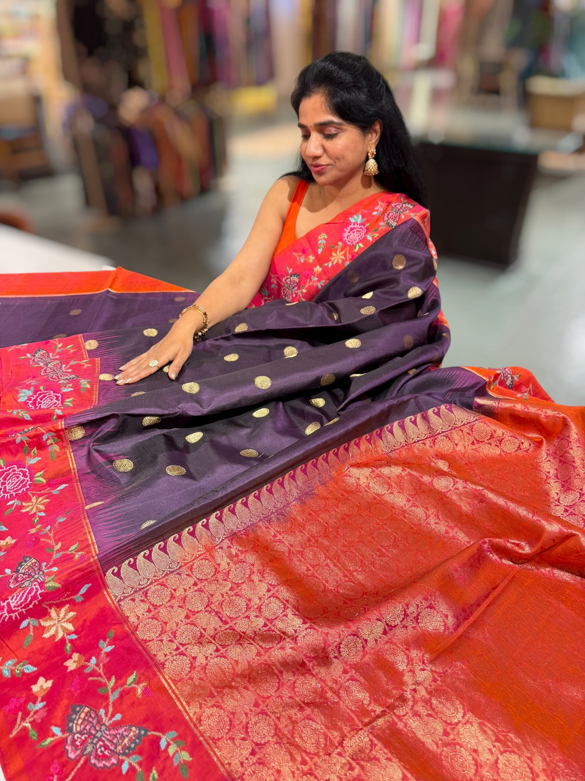 Wine Kanchi Soft Silk Saree with petite point embroidered border