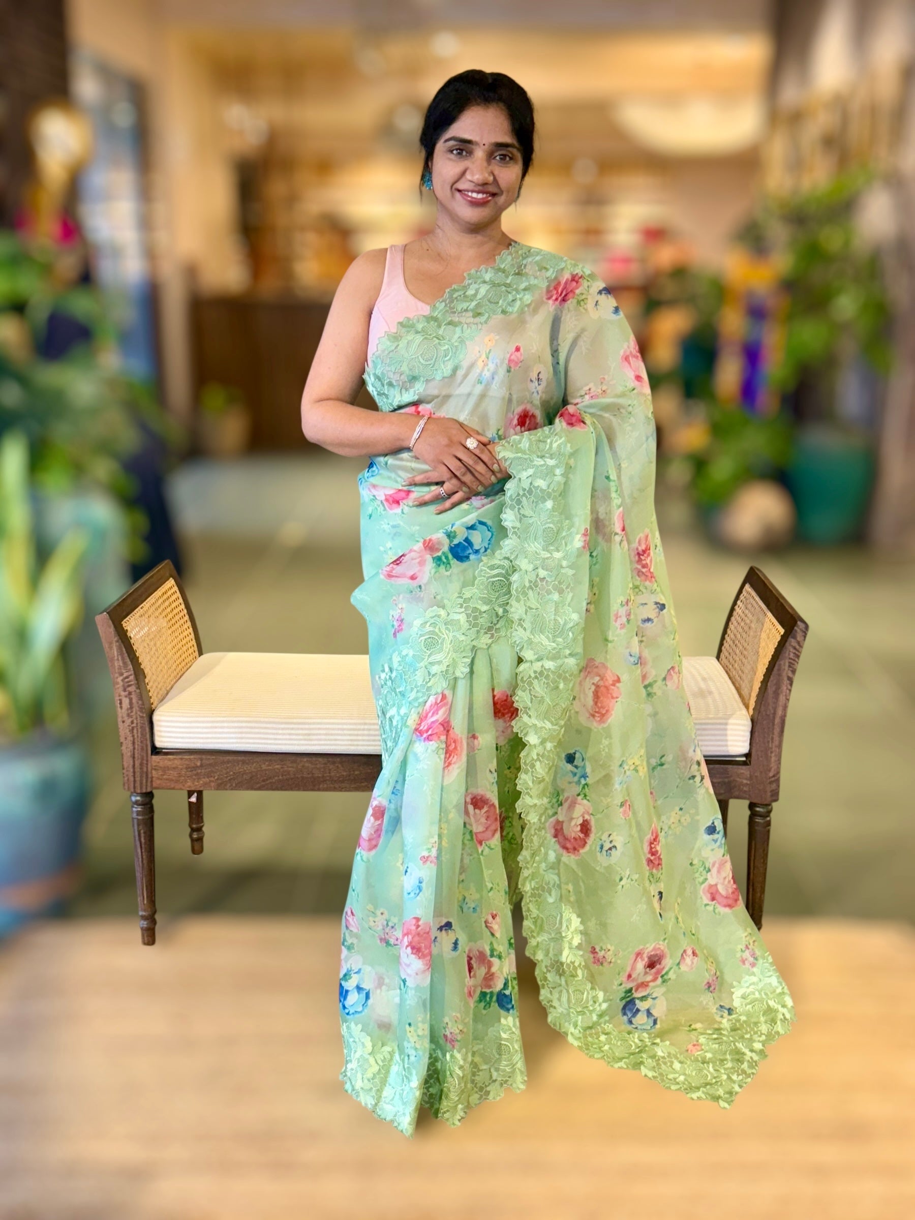 Mint Floral Printed Organza Saree With Chantilly Lace Style Embroidered Border.