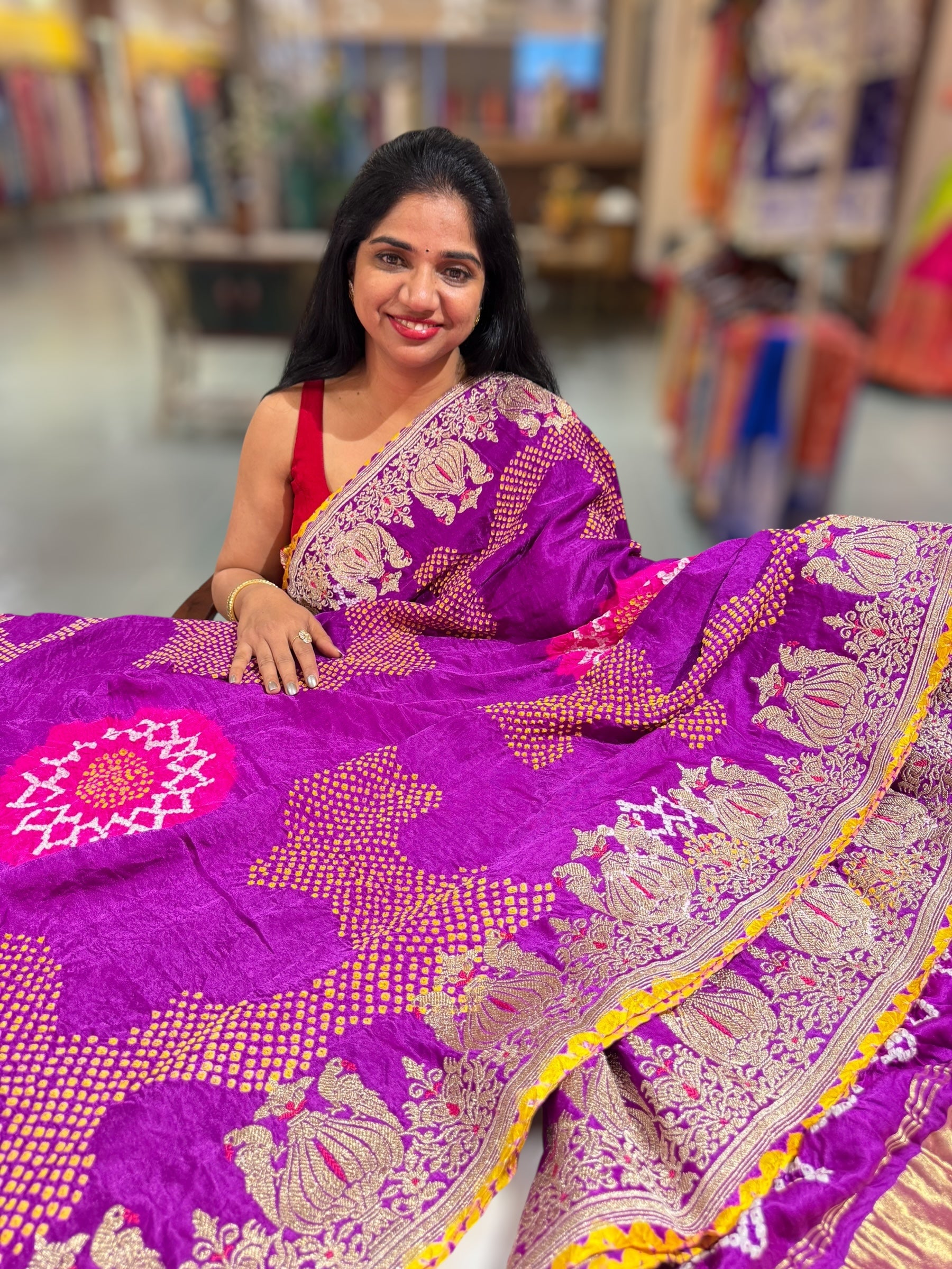 Purple Designer Rai Bandhej Saree With Embroidered Border