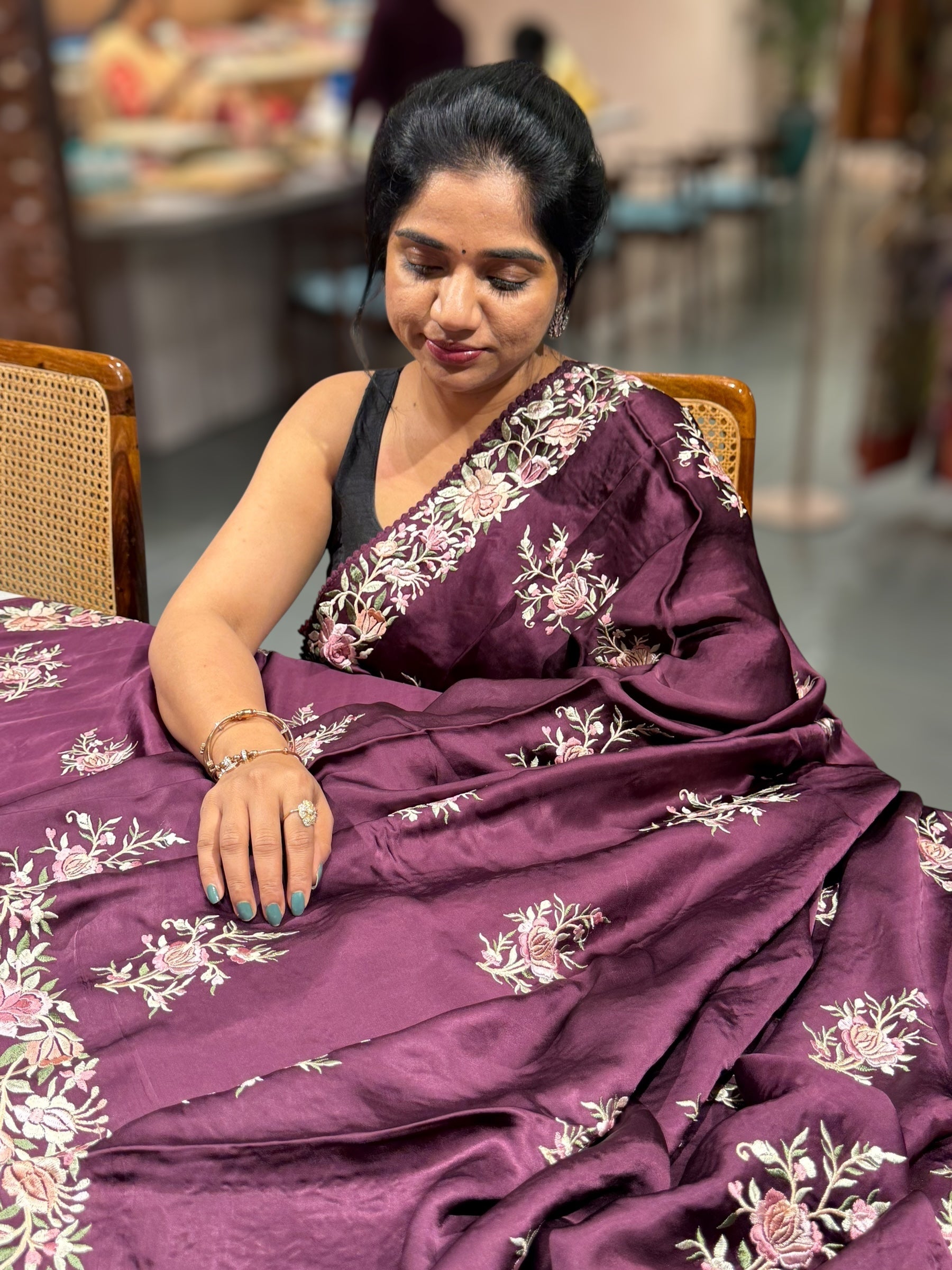 Wine Satin Saree with Parsi Gara embroidery