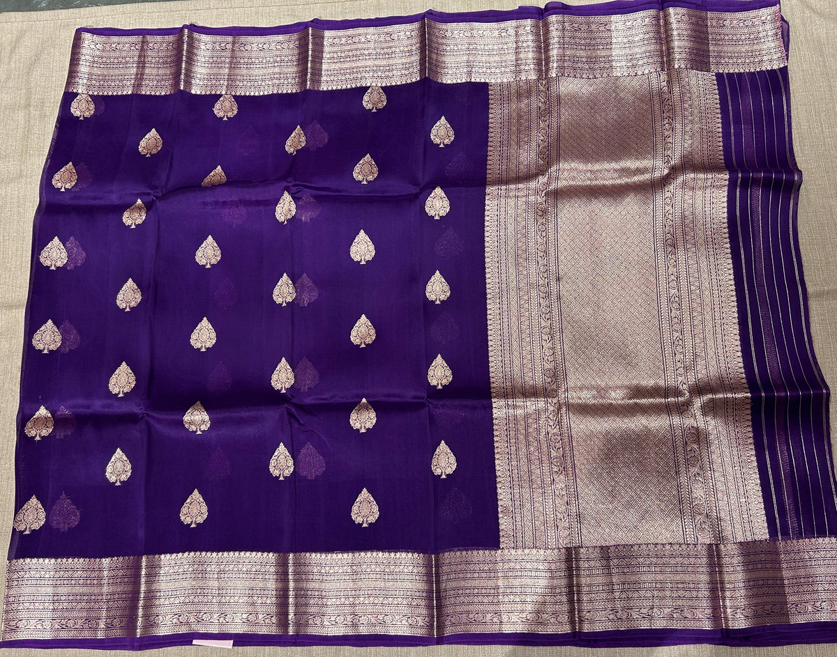 Brinjal monotone Pure Handloom premium Kora Banarasi Saree
