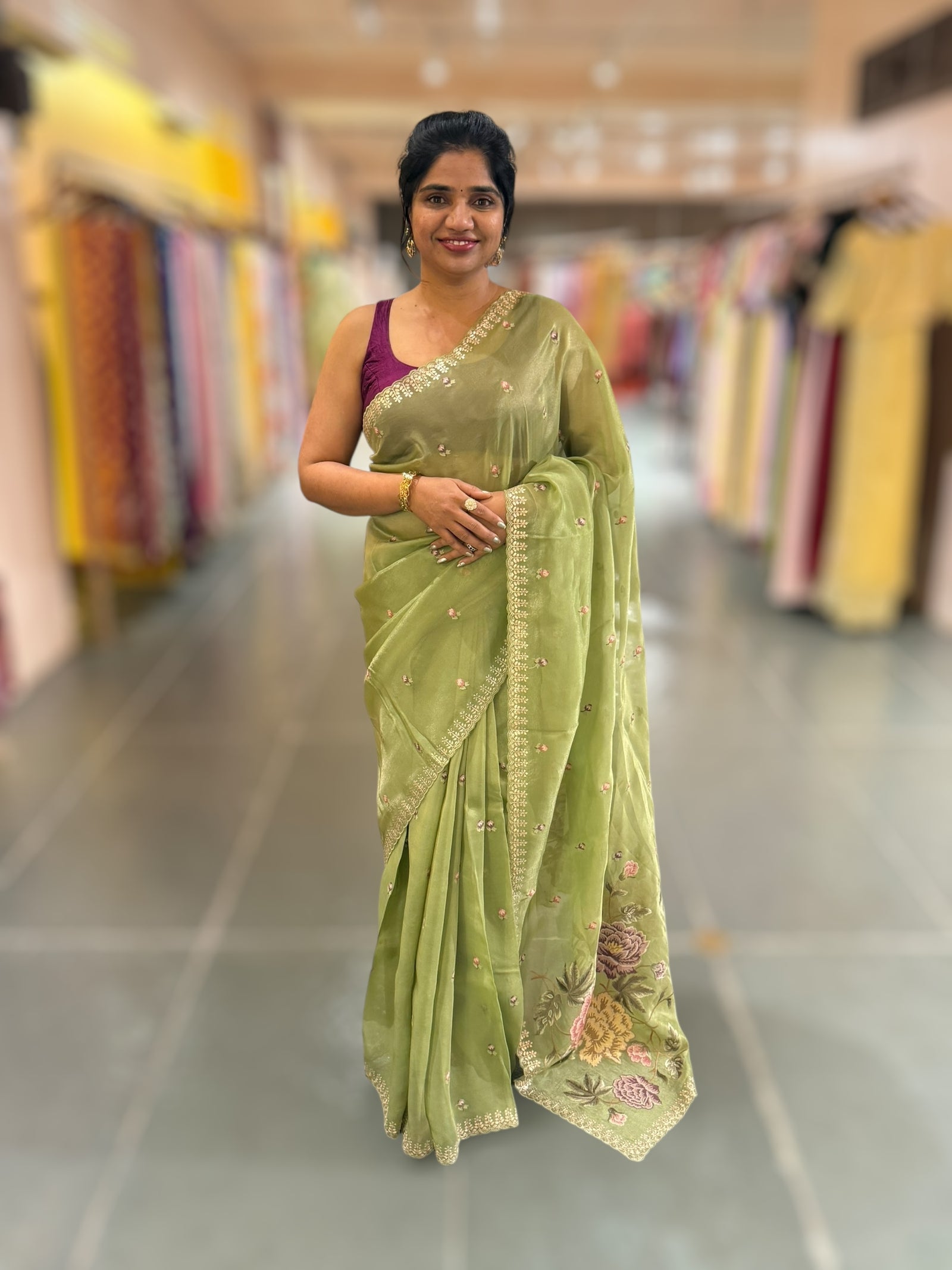 Light Olive Green Tissue Georgette Saree with petite point emb