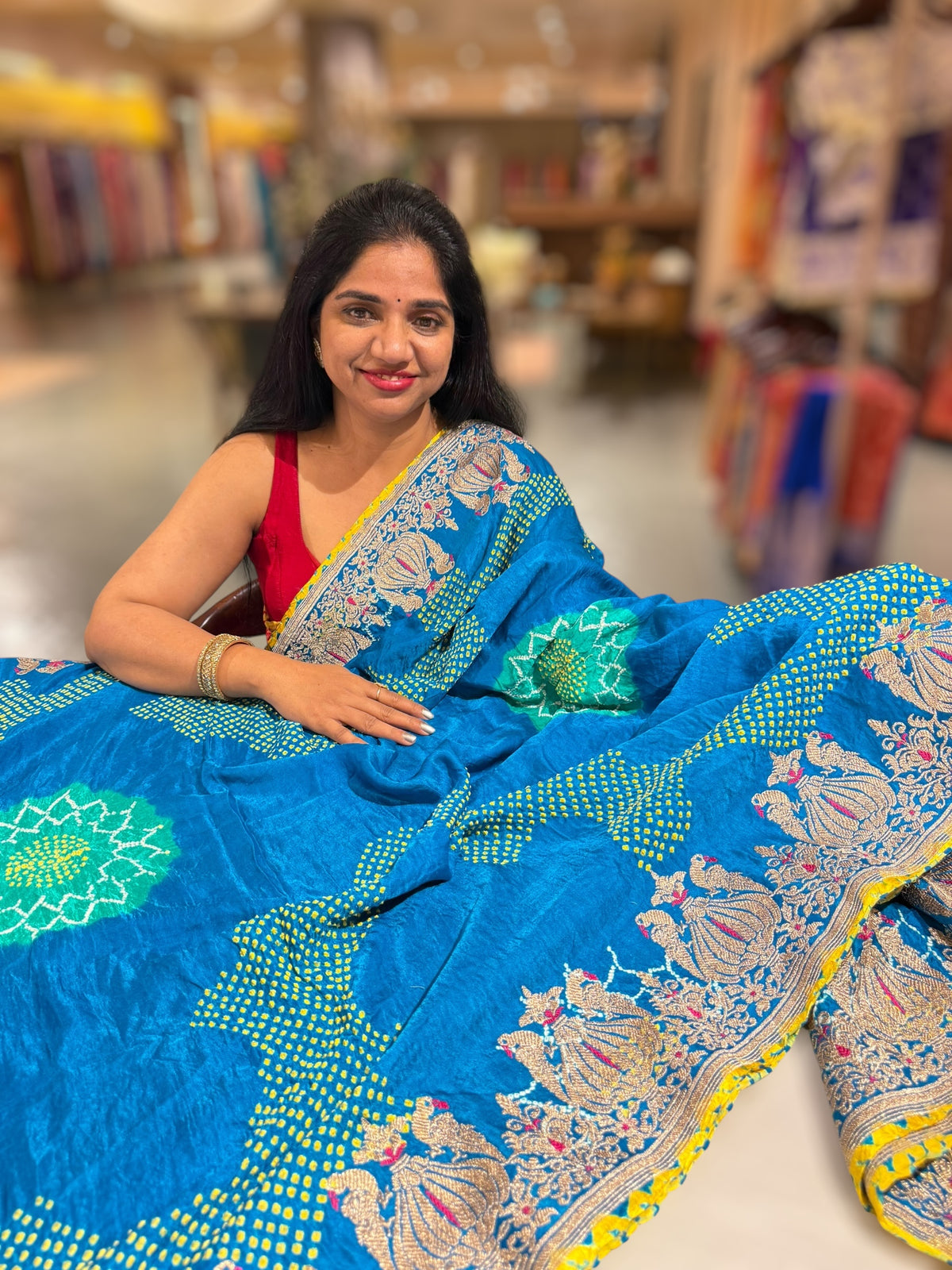 Copper Sulphate Blue Designer Rai Bandhej Saree With Embroidered Border